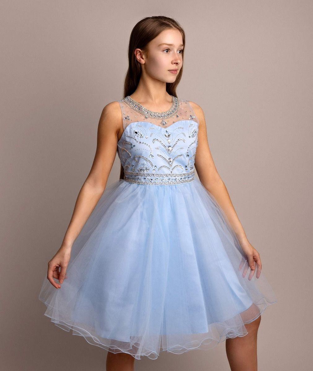 Girls Tulle Dress with Sequin Embellishments - LOLA - Baby Blue