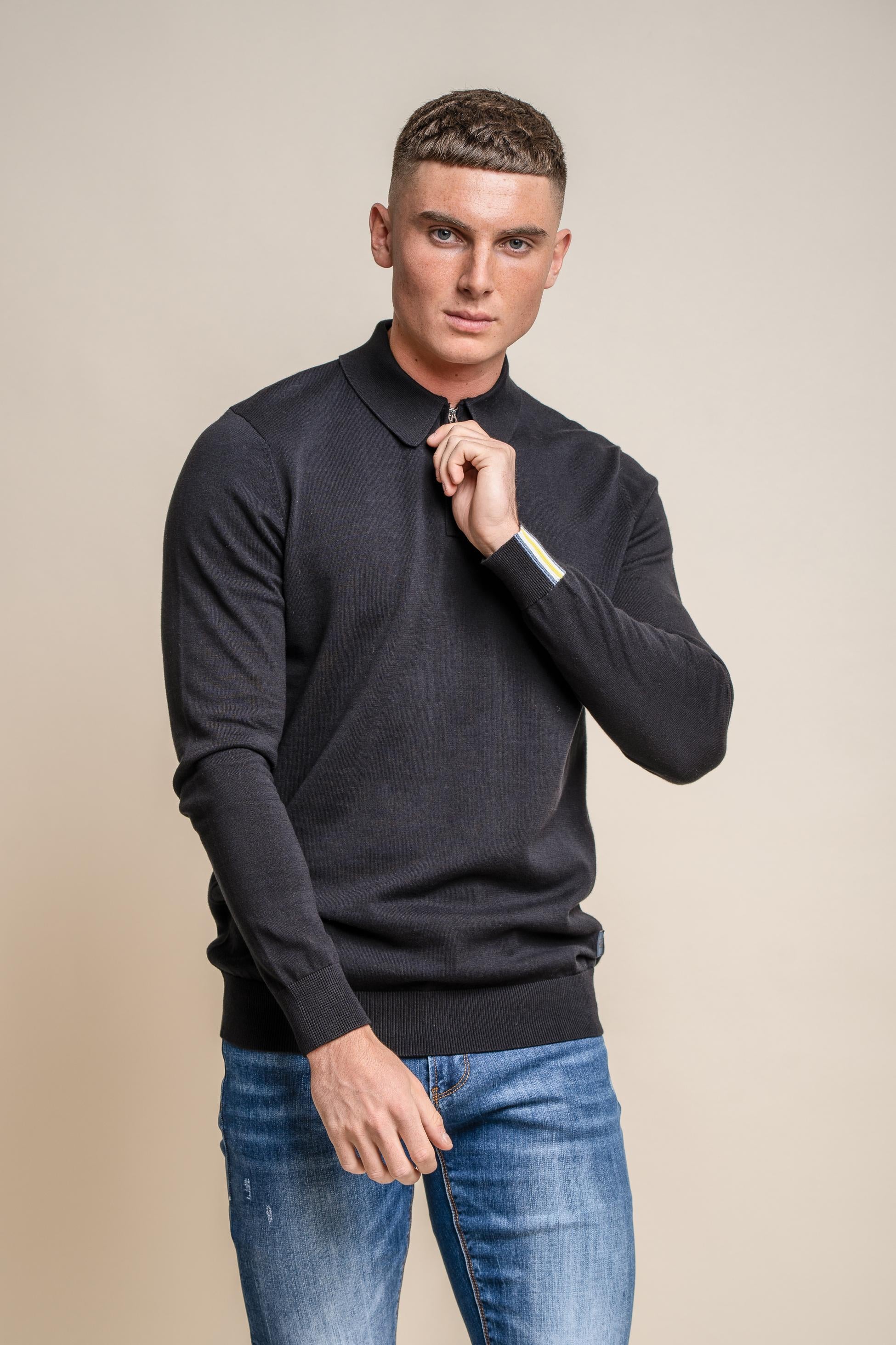 Pull en coton à col montant et zip quart pour hommes - Falcao - Noir