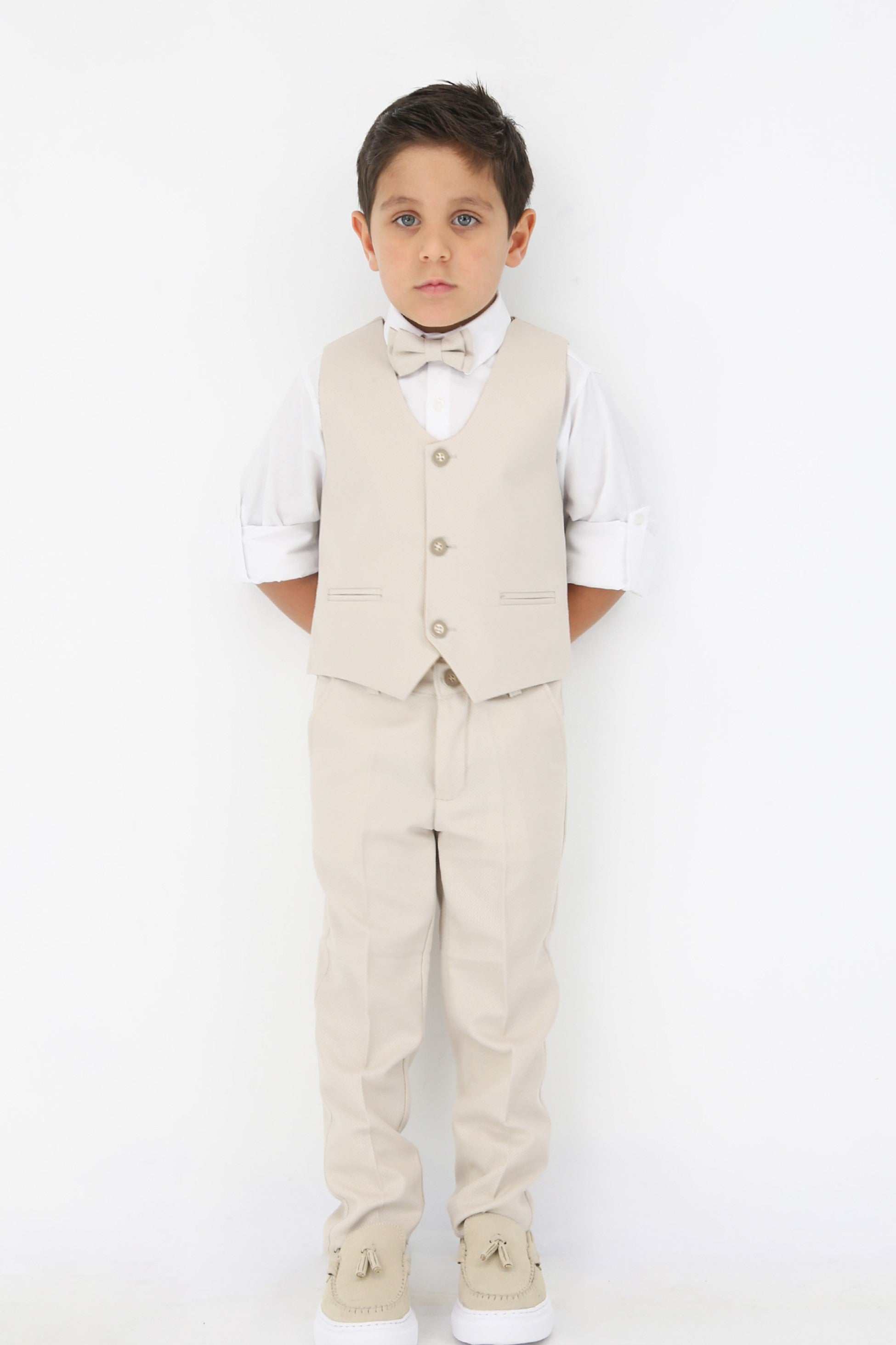 Jungen Slim Fit Texturierte Weste Anzug Set, formelle Outfit - Beige