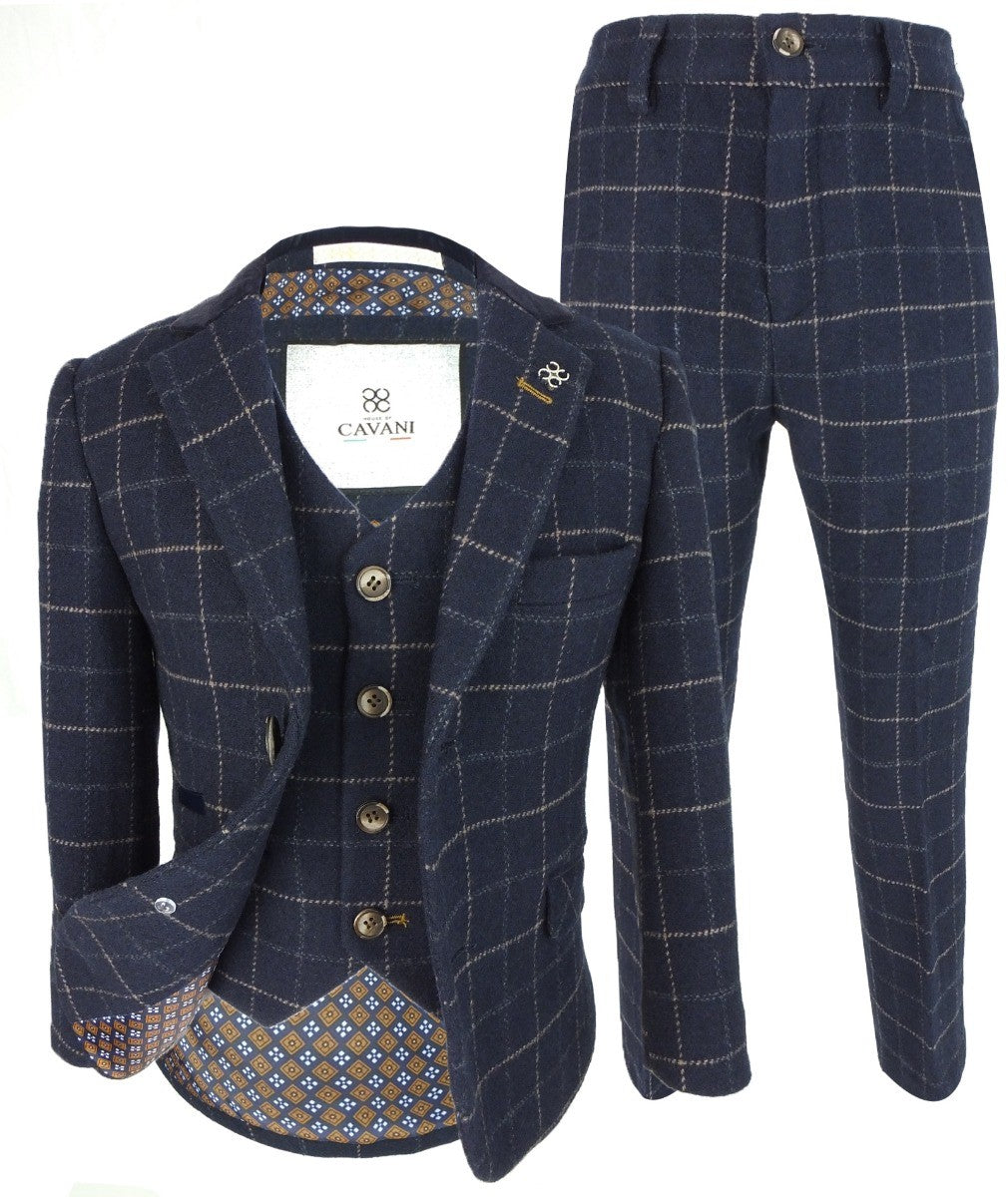 Boys Tweed Windowpane Check Slim Fit Suit - SHELBY - Navy Blue