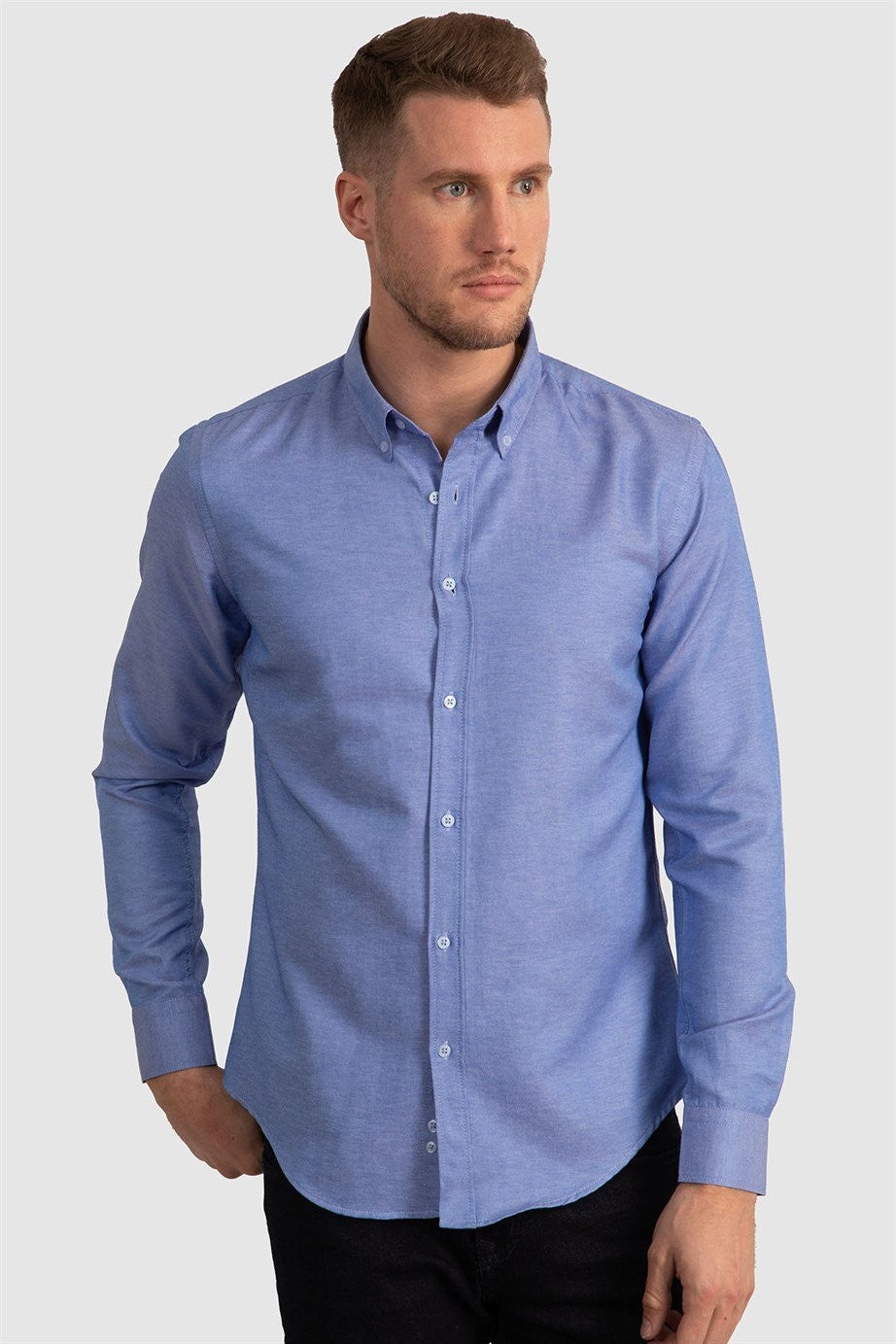 Chemise en coton ajustée à col boutonné - GABARDIN - Bleu