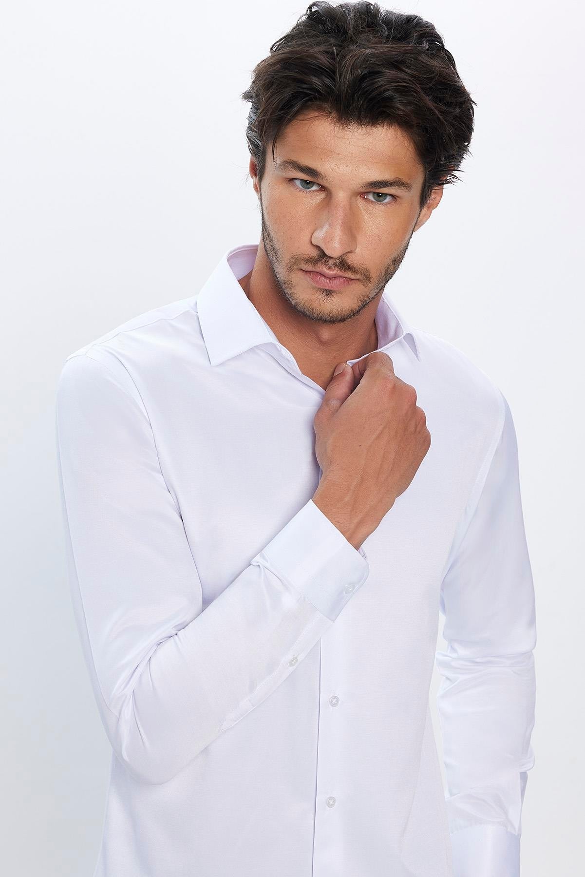 Chemise habillée en mélange coton ajusté à col boutonné - Dimi Dotti - Blanc