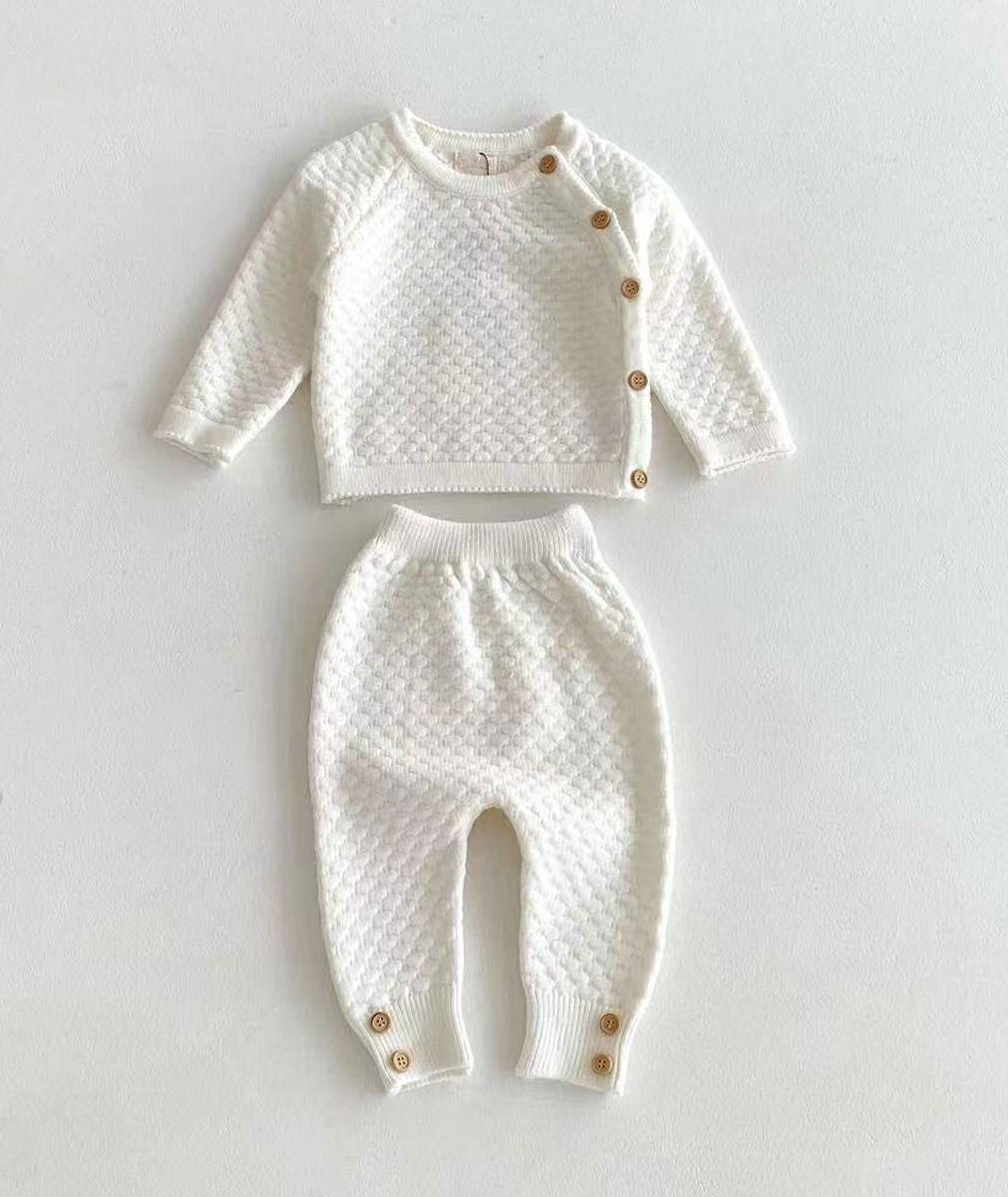 Ensemble de pull tricoté en nid d'abeille et leggings pour bébés filles - 2403 - Ivoire