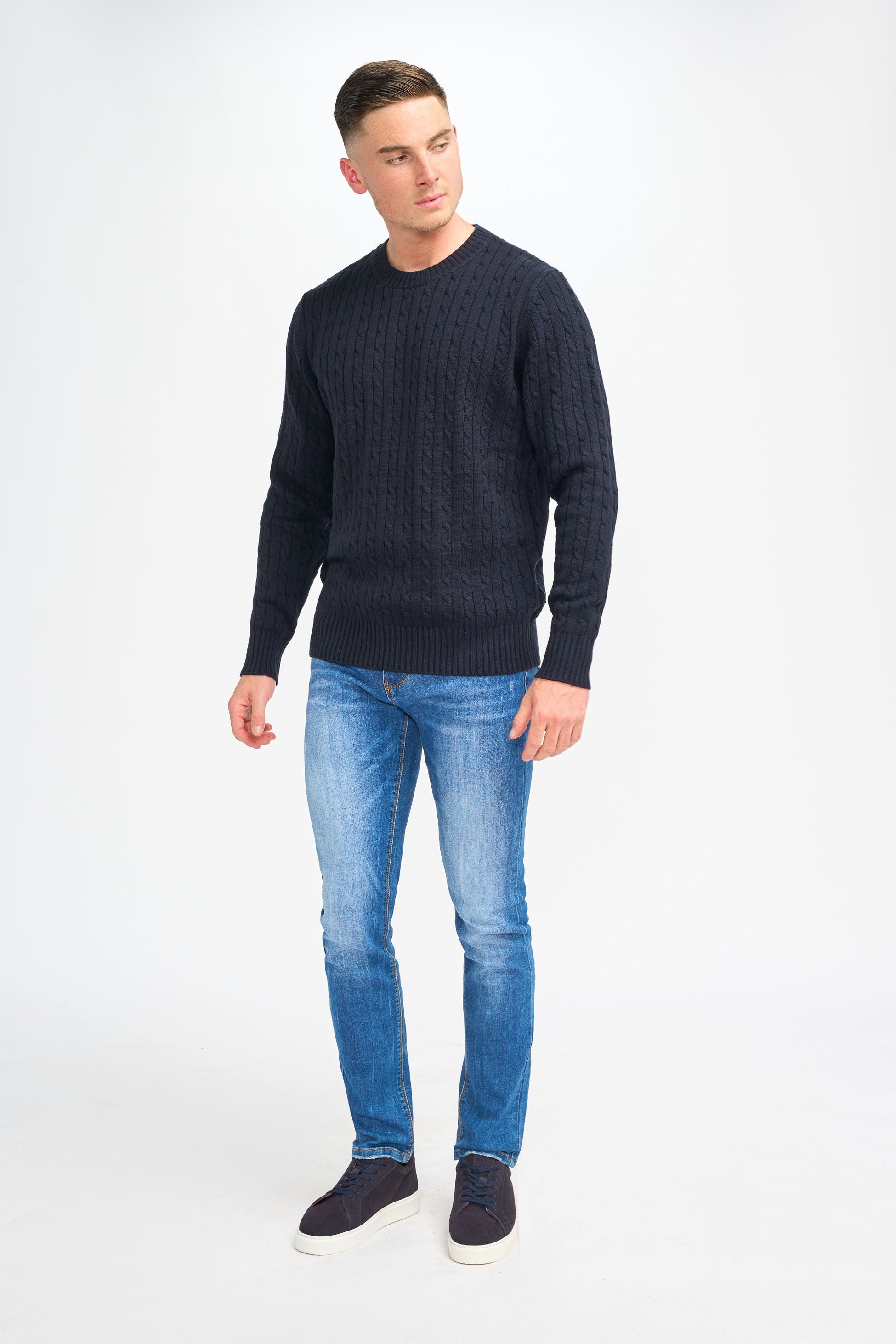 Pull en laine à maille torsadée pour hommes - Foston - Bleu Marine