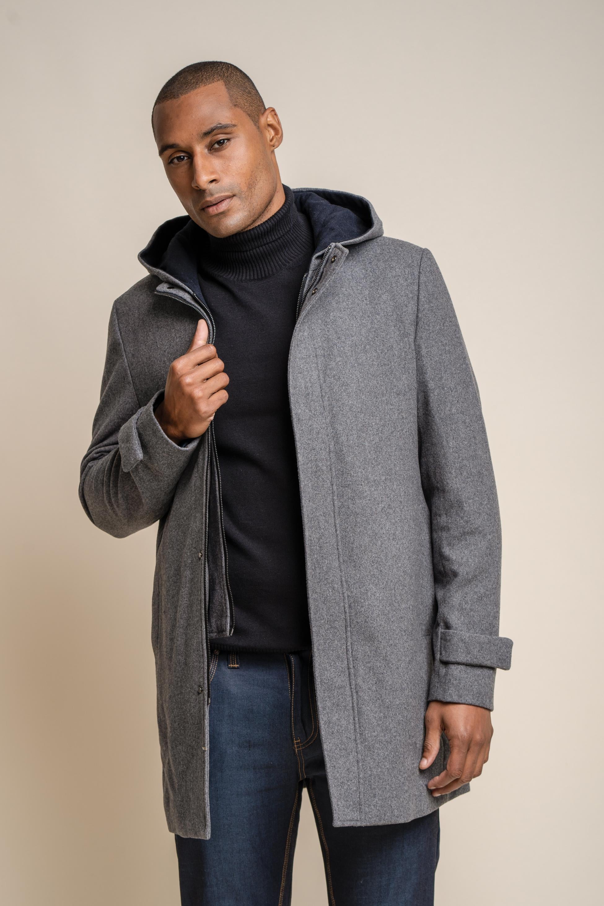 Manteau à capuche en laine mélangée pour hommes - MICHIGAN - Gris vieilli