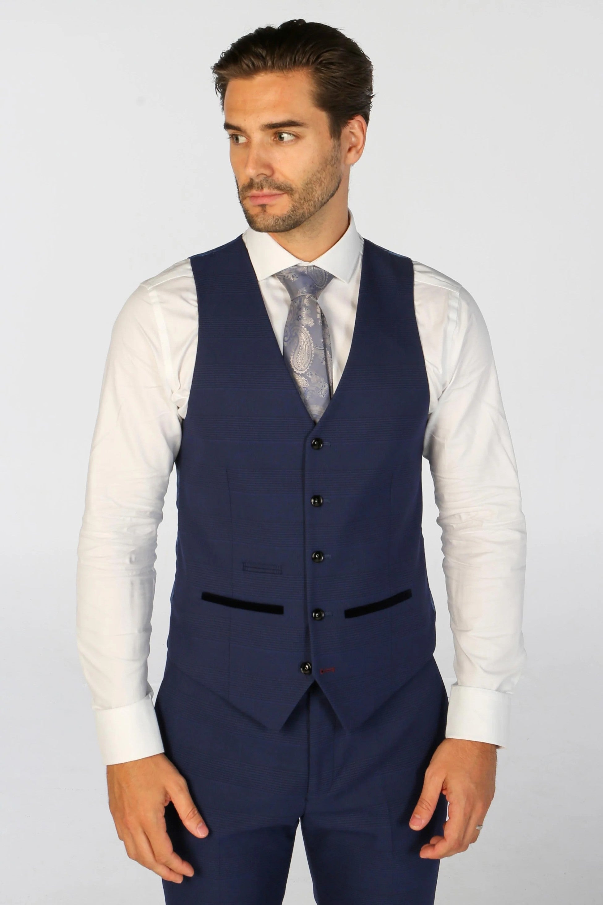 Men’s Navy Blue Check Waistcoat - MARK - Navy Blue