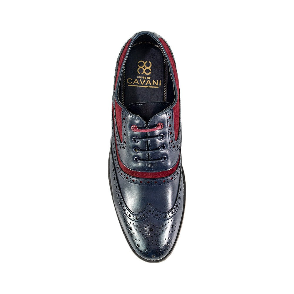 Chaussures brogues en cuir suédé et en cuir à lacets pour hommes - ETHAN - Bleu Marine - Rouge