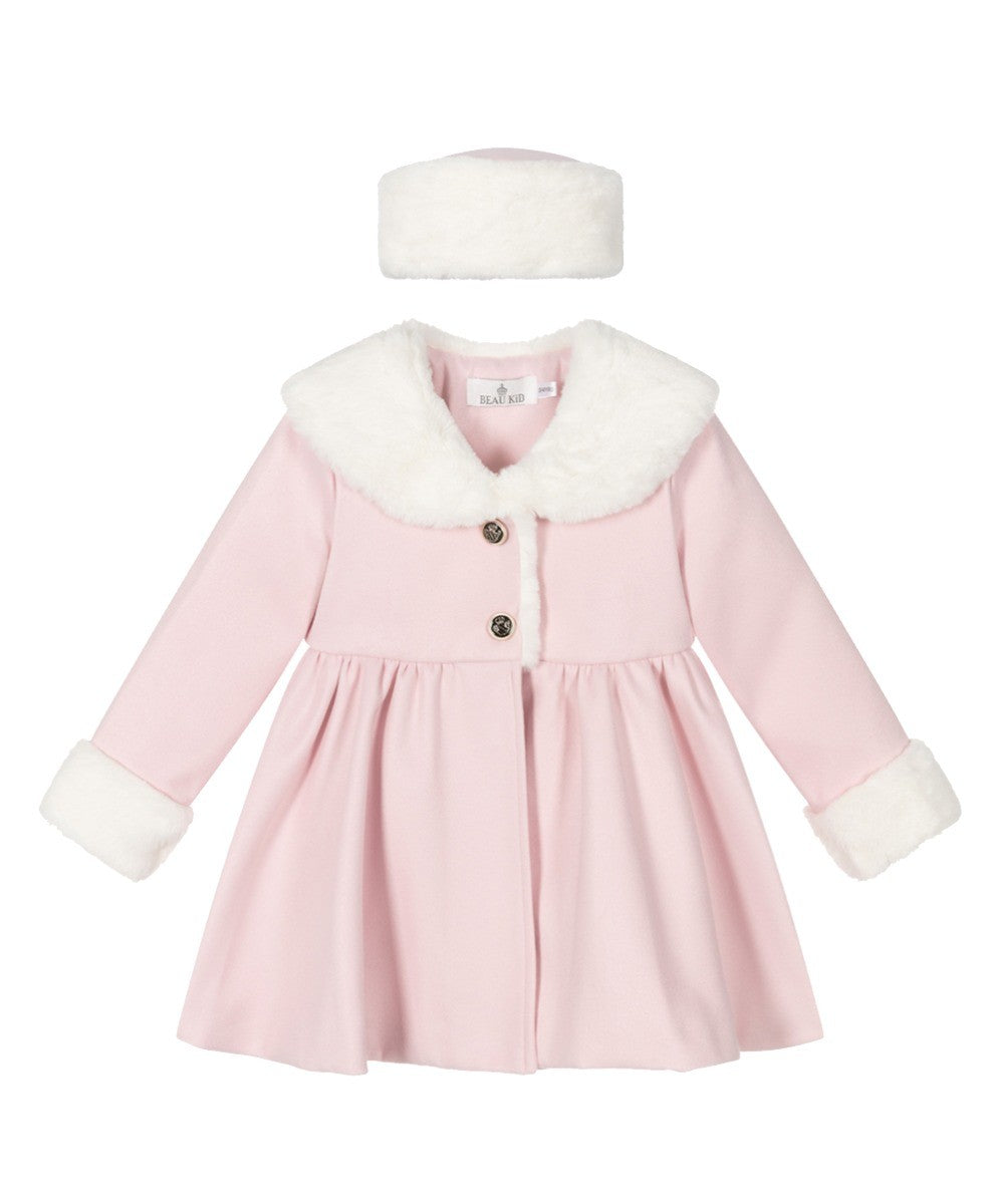 Ensemble Manteau Midi en Fourrure 2 Pièces pour Filles - Rose