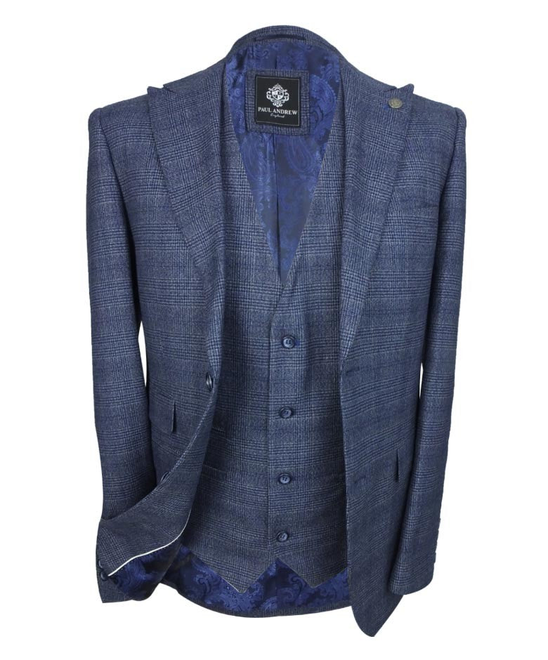 Herren Tweed Karo Blauer Anzug - GRAHAM - Blau