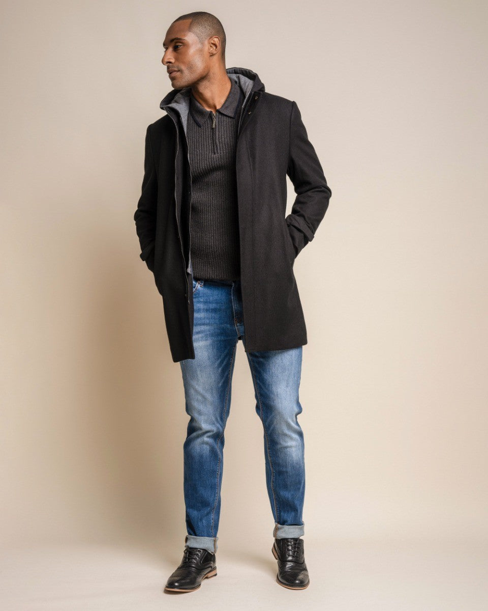 Manteau à capuche en laine mélangée pour hommes - MICHIGAN - Noir