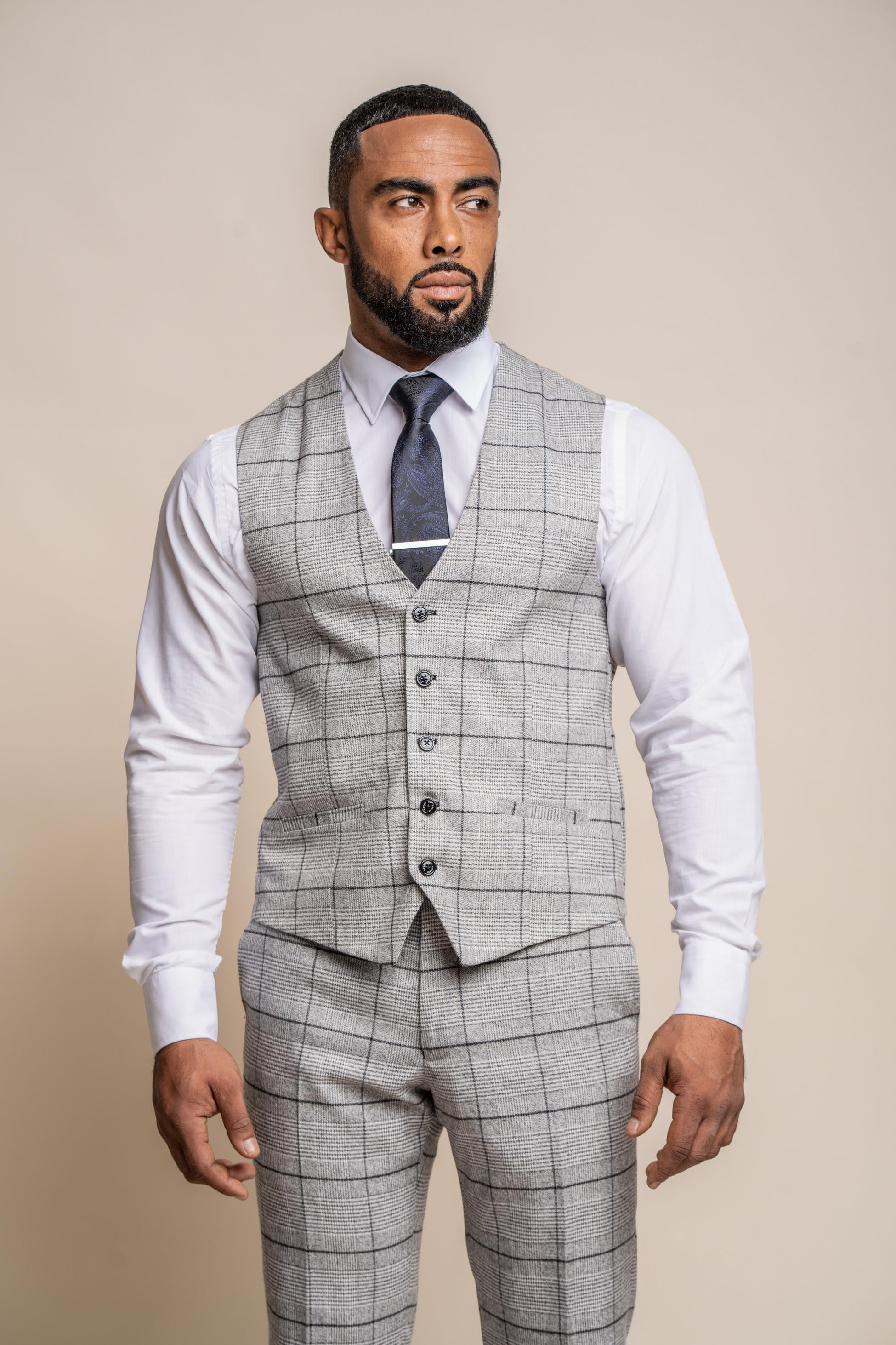 Herren Tweed Windowpane Karo Weste - GHOST Grey - Hellgrau