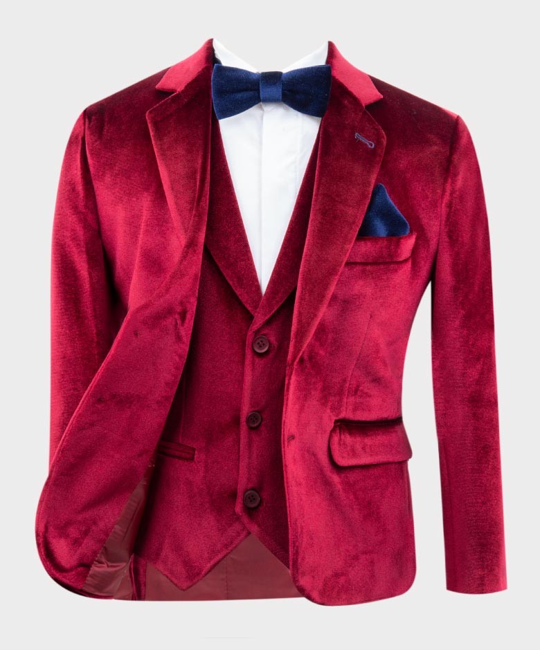 Boys Tailored Fit Velvet Suit with Elbow Patches - Claret Red