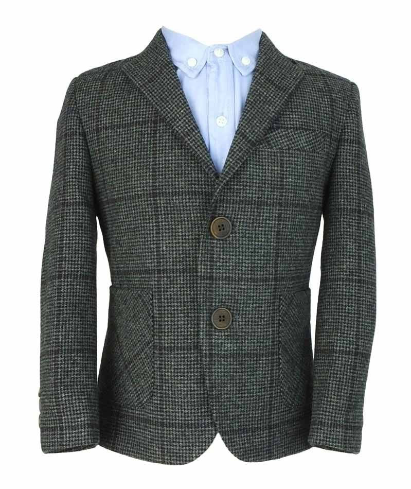 Boys Herringbone Windowpane Wool Suit - Grey