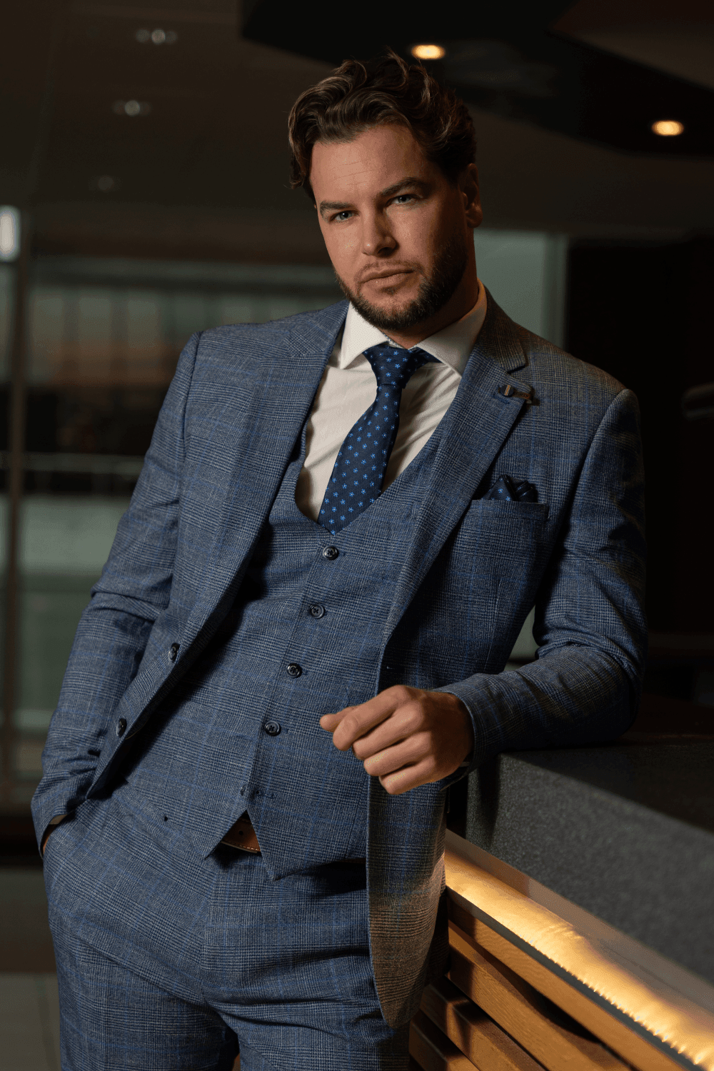 Men's Check Slim Fit Blue Suit - PHANTOM - Blue