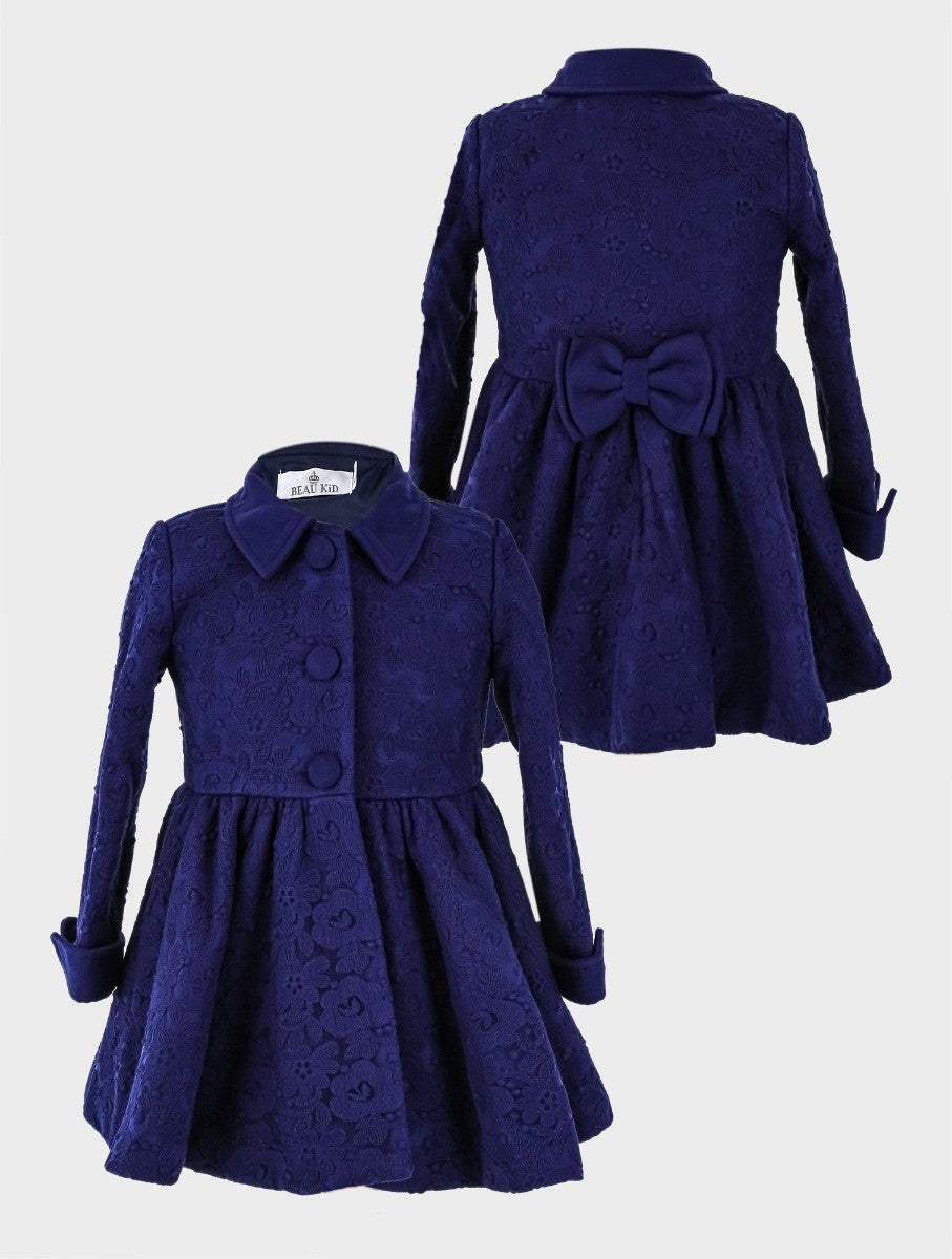 Ensemble Manteau Brodé Fleuri en Dentelle 2 Pièces pour Filles - Bleu Marine