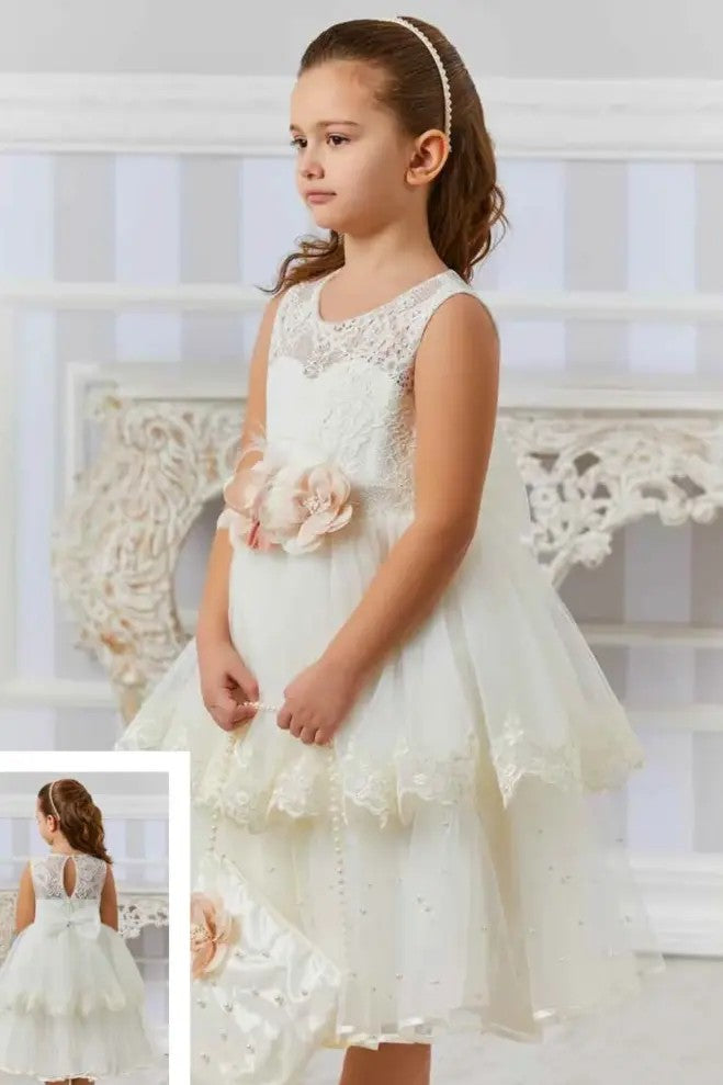 Girls Sleeveless Lace Dress Set - Ecru