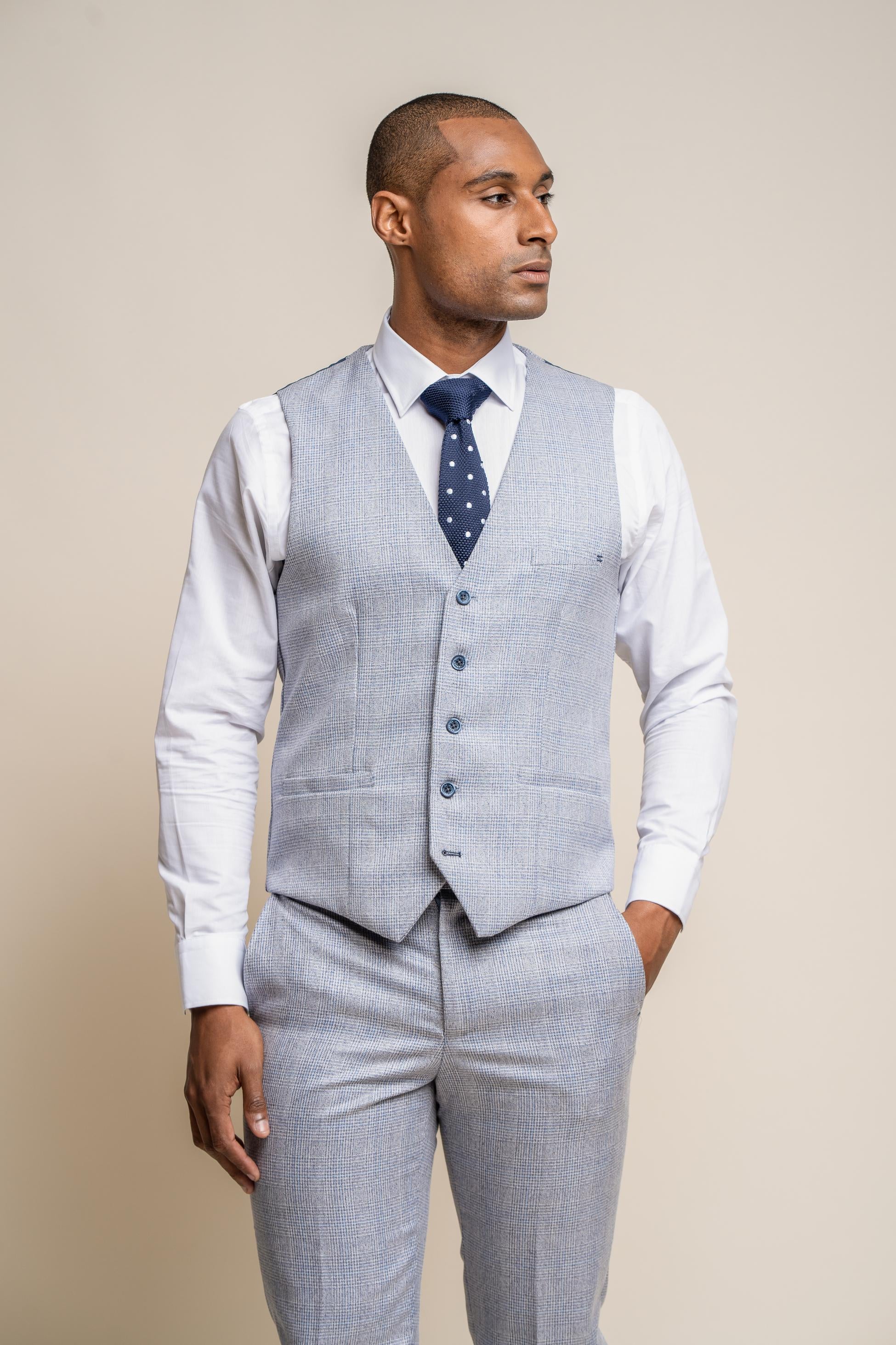 Men's Tweed Houndstooth Check Slim Fit Formal Waistcoat - CARIDI - Blue