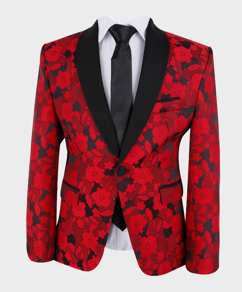 Costume de Smoking à Motifs Floraux Tailored Fit pour Garçons - Rouge - Noir