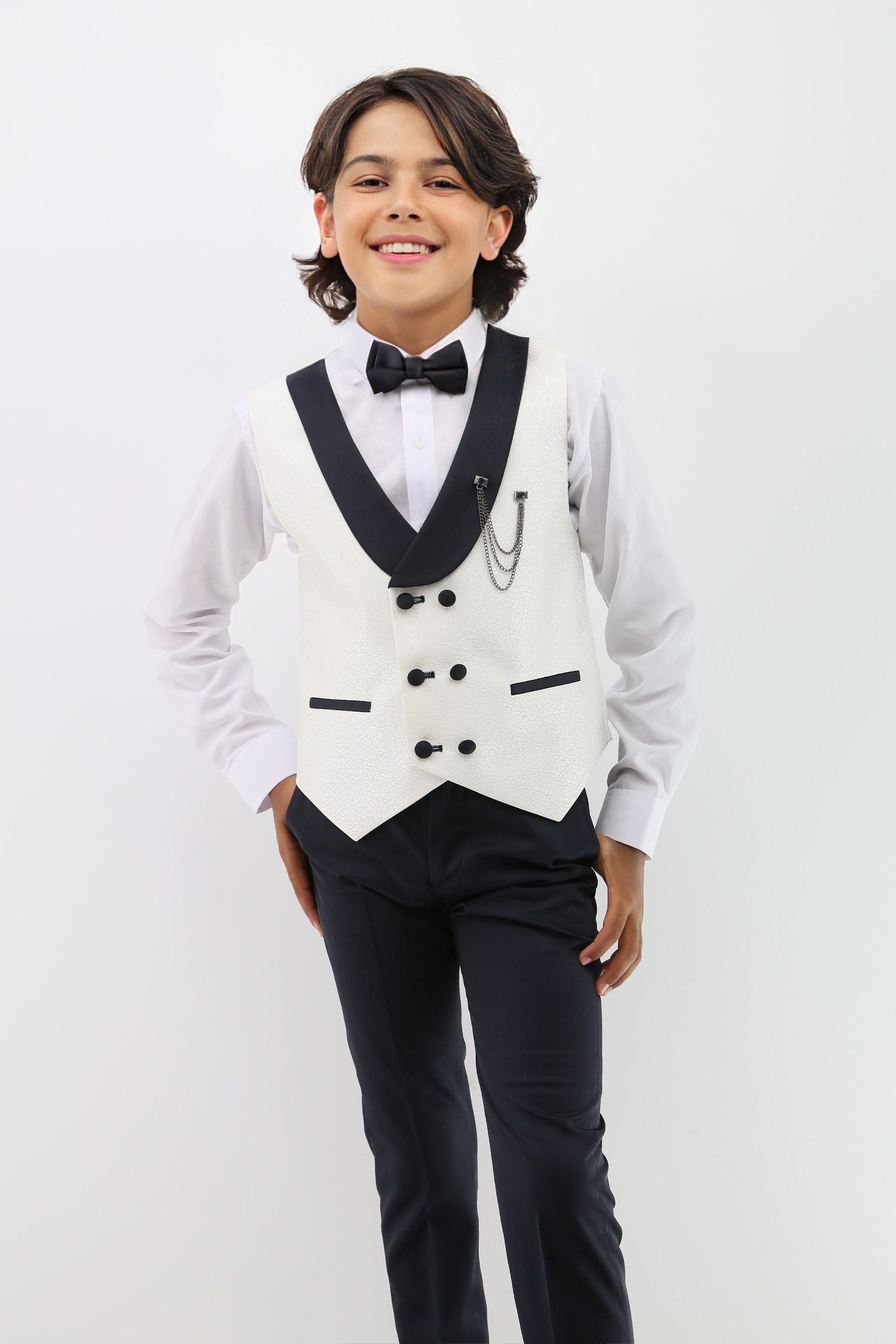 Ensemble de costume pour bébés et garçons avec gilet texturé à revers châle - Blanc Cassé