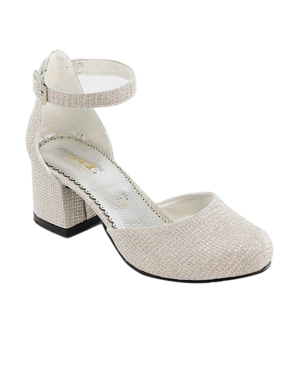 Girls Communion Block Heel Ankle Strap Dress Shoes - Cream - Gold