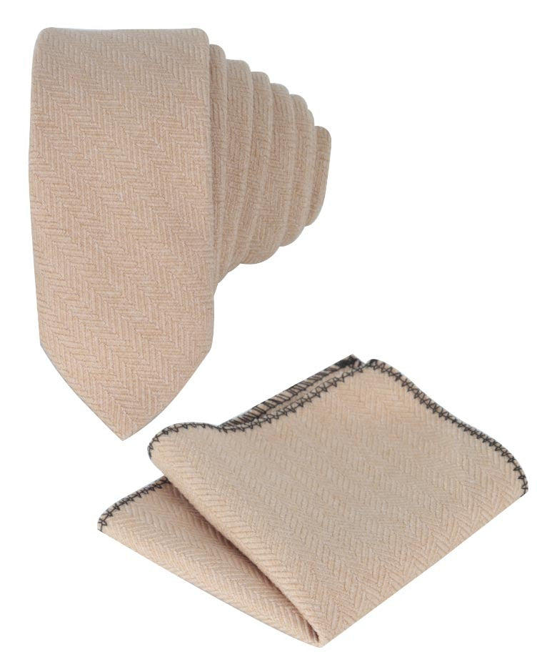 Jungen & Herren Fischgrät Tweed Krawatte & Taschentuch-Set - Beige