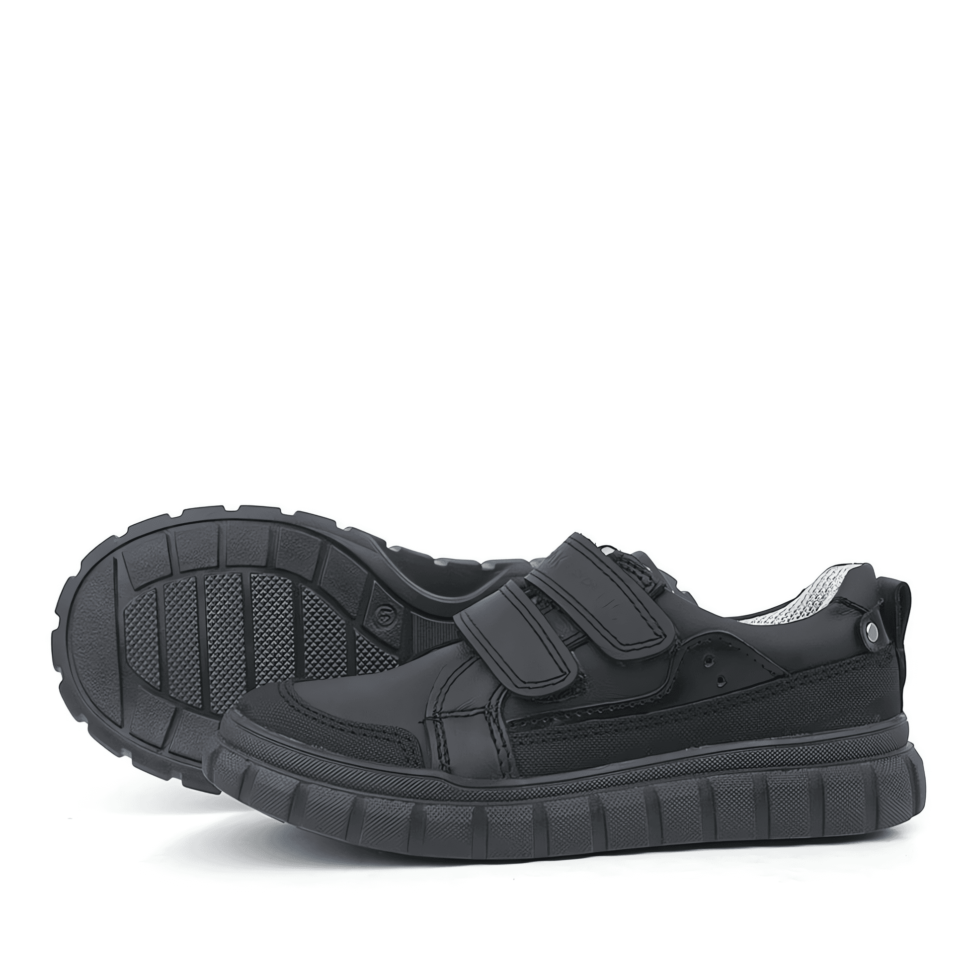 Boys Black Leather Velcro Sporty School Shoes - 4506 - Black