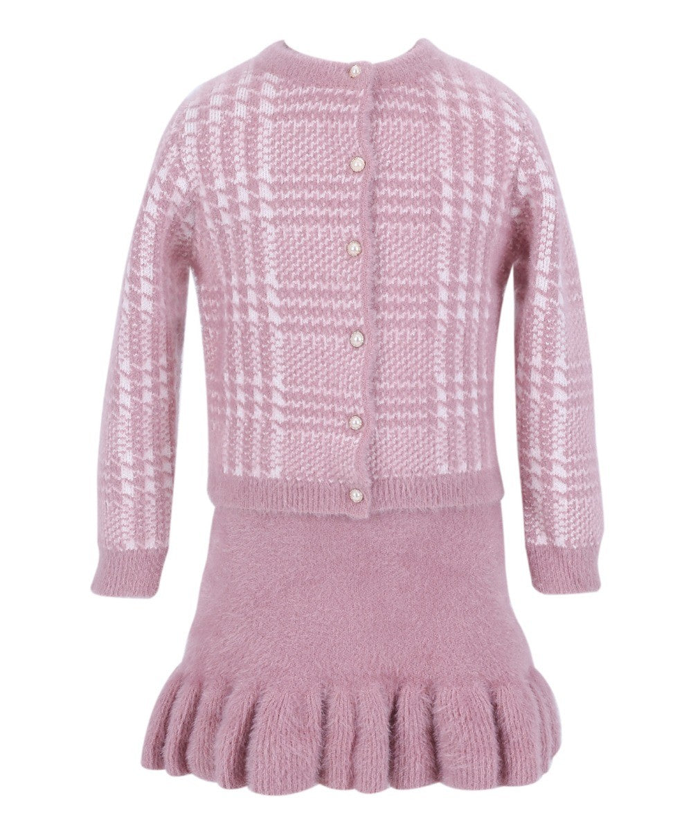 Ensemble Robe et Cardigan en Tweed à Chevrons pour Filles - Rose