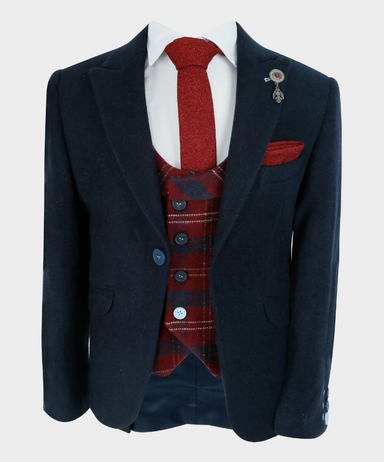 Boys Tailored Fit Blazer Waistcoat Set - Cashmere - Navy Blue -Red