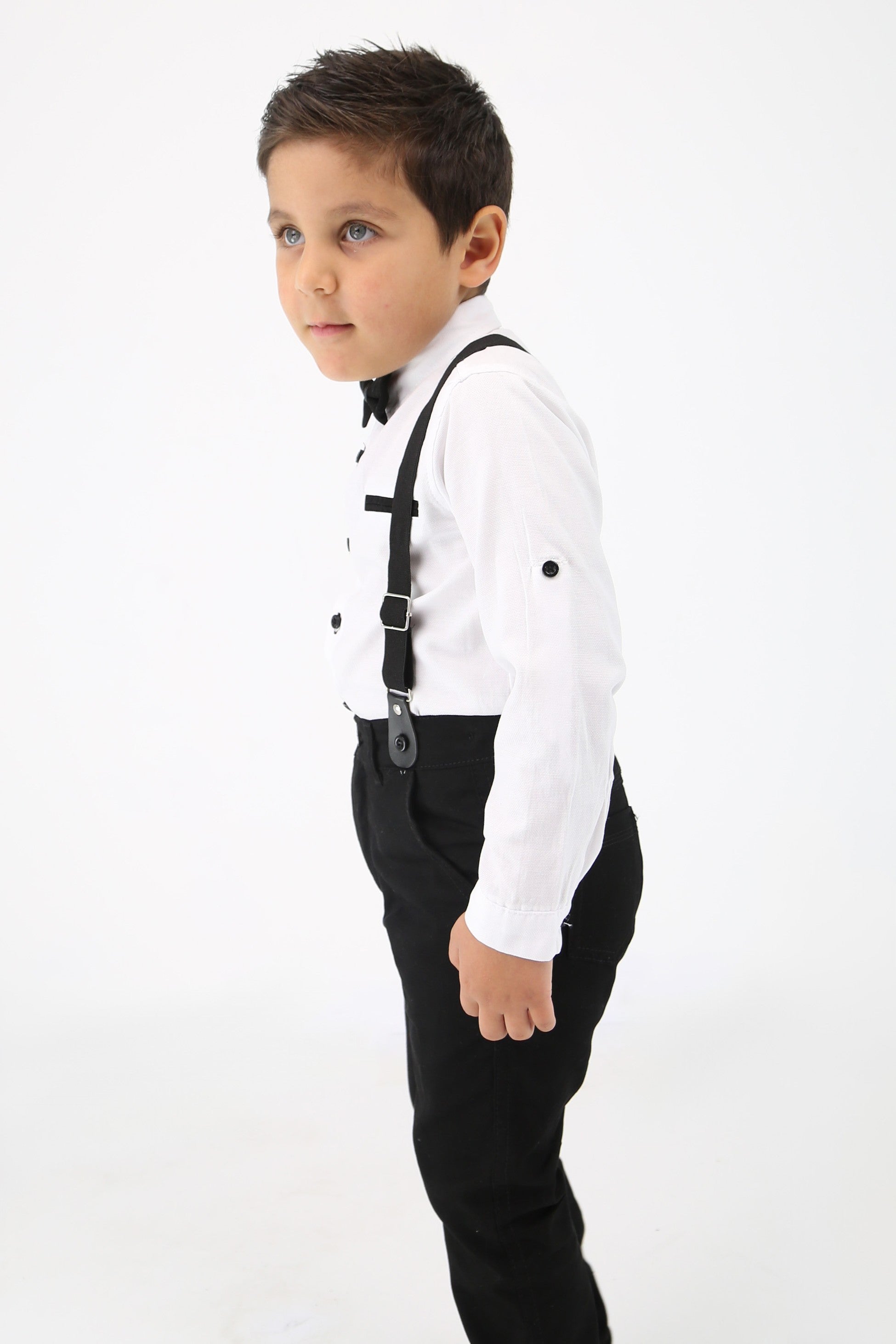 Ensemble de gentleman pour bébés et garçons - Ensemble de costume avec bretelles et pantalon 4 pièces - OXFORD - Blanc - Bleu Marine