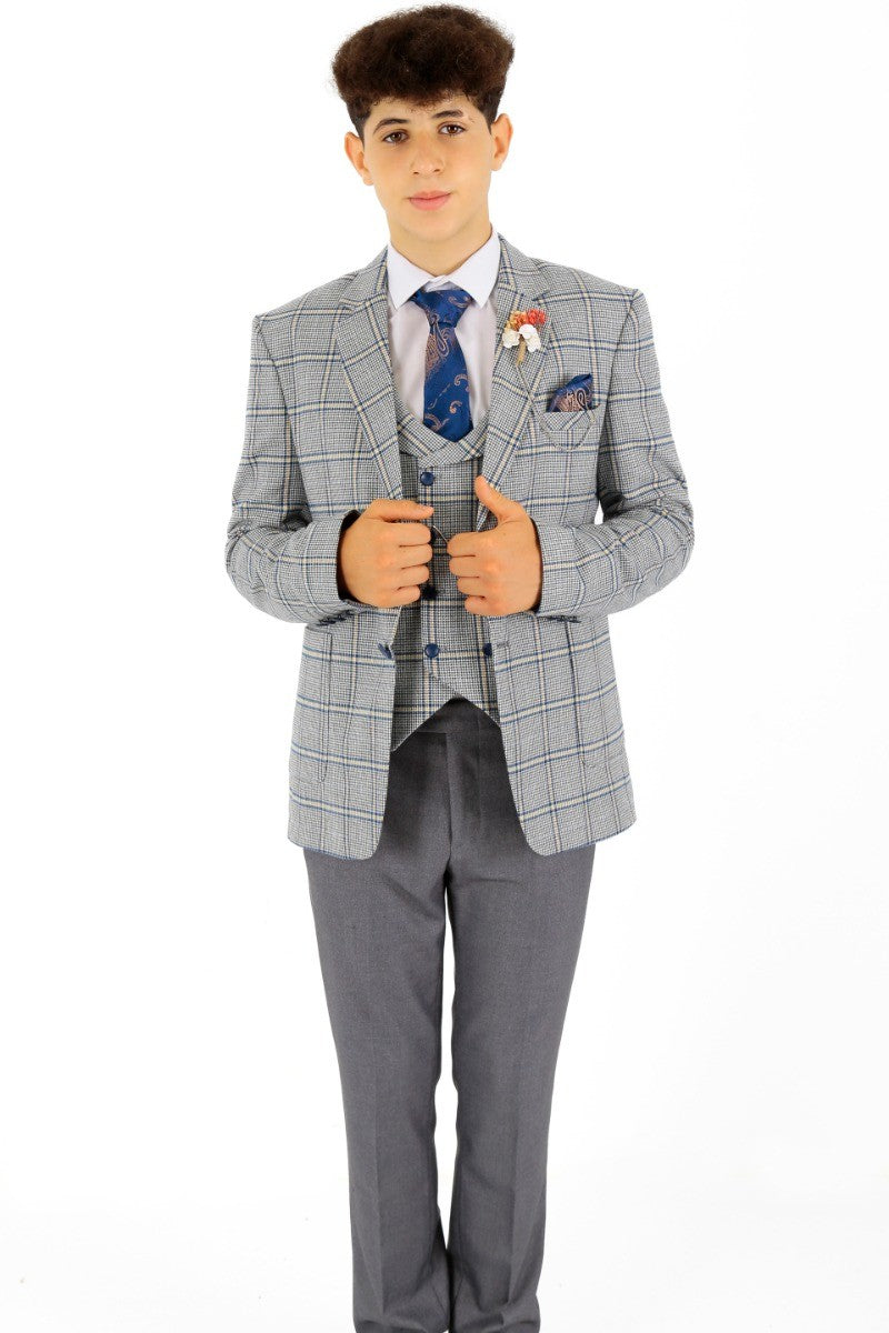 Jungen Windowpane Karo Slim Fit Anzug - Blau - Grau