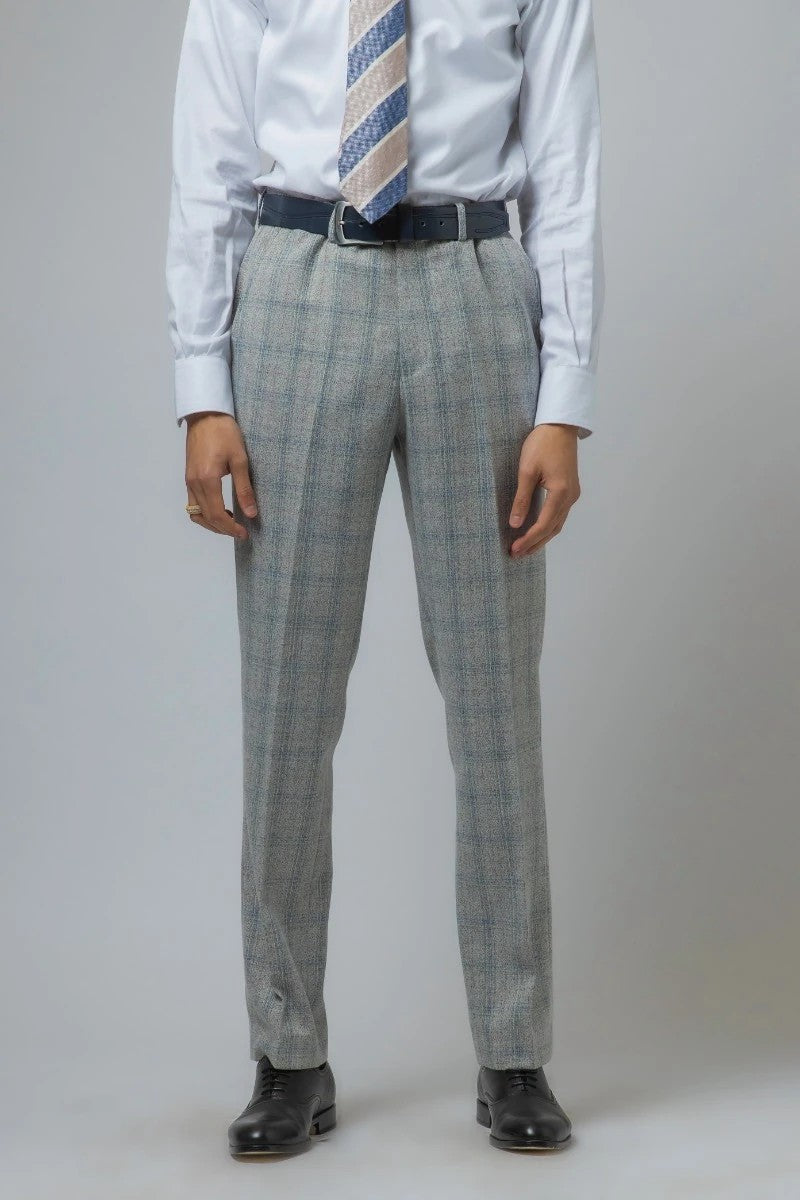 Pantalon en Tweed à Motif Check Gris Slim Fit pour Homme - ANDREW - Gris