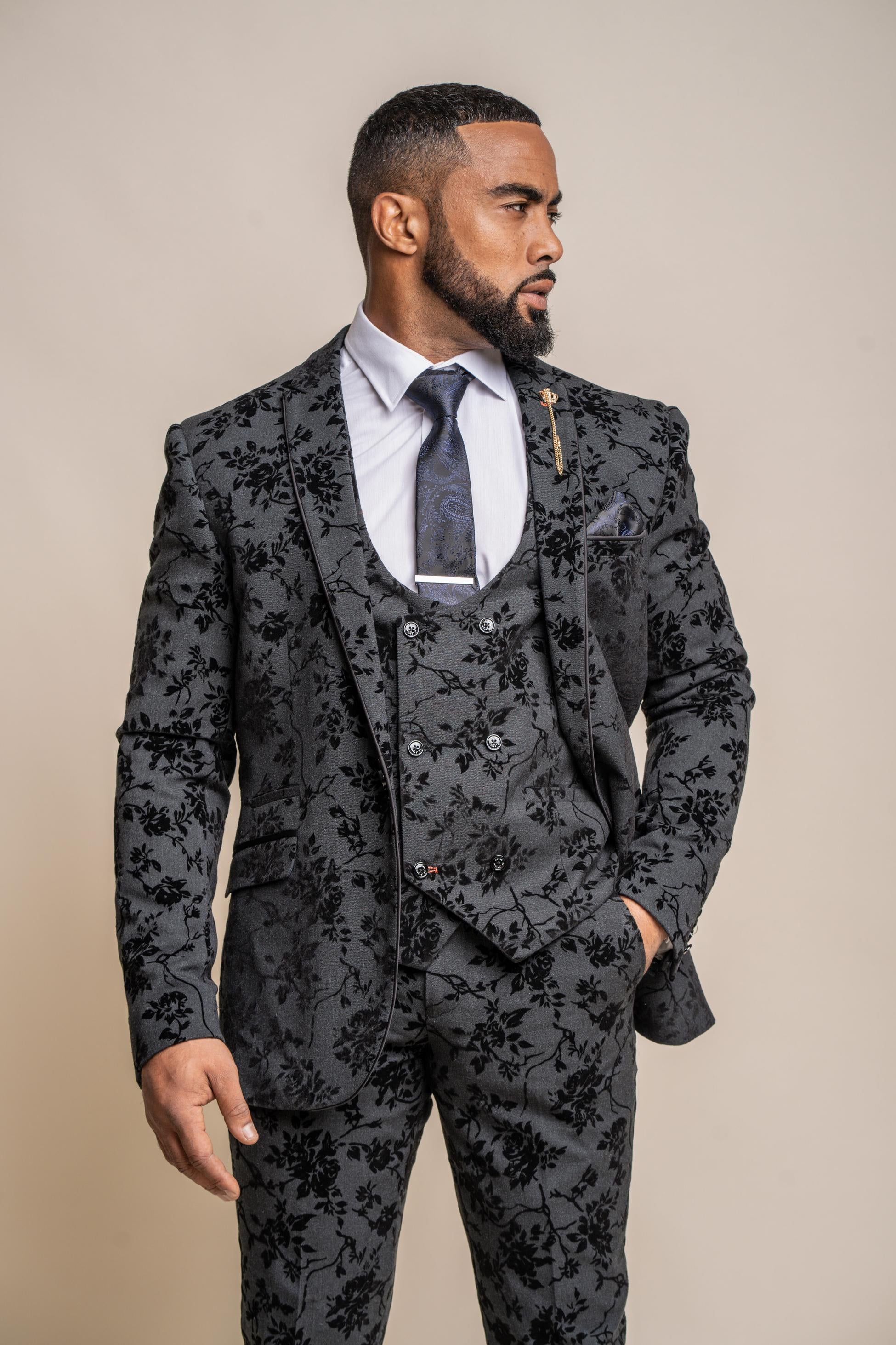 Veste de Costume en Velours Noir Brodé de Fleurs pour Homme - GEORGI - Noir