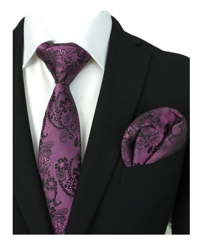 Boys & Men's Paisley Swirls Formal Tie & Hanky Set - Purple - Violet