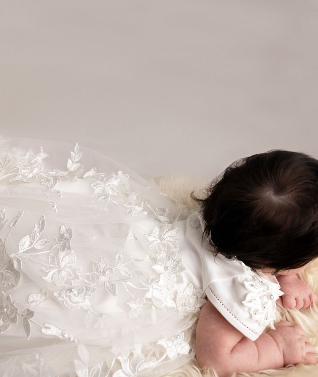 Baby Girls Floral Lace Off White Christening Gown - KRYSTAL - Off white