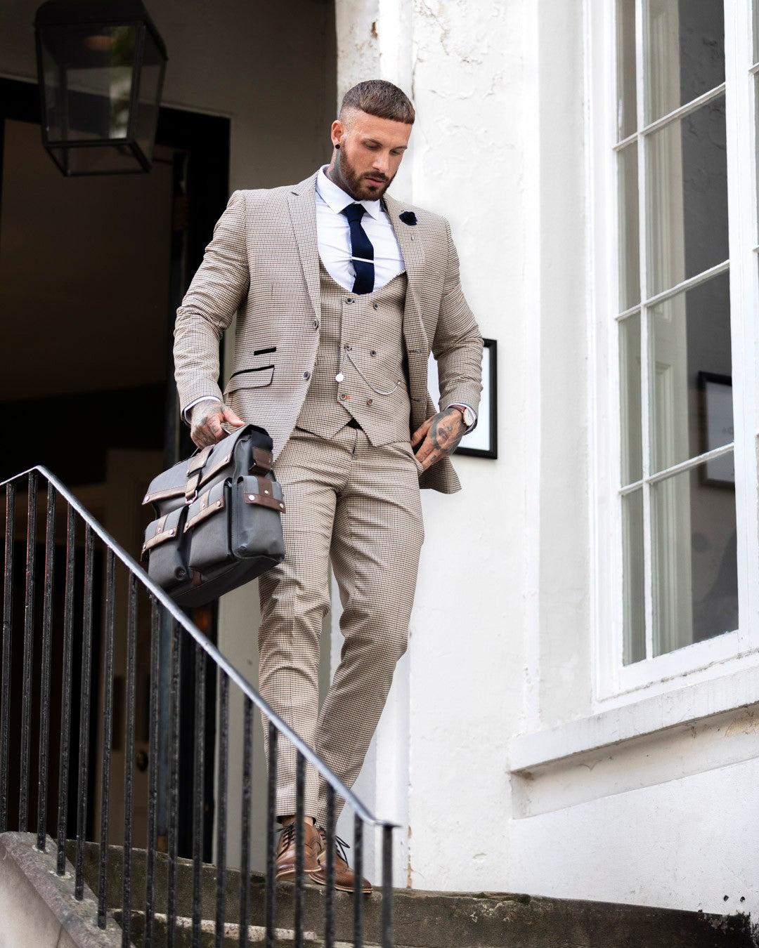 Veste de costume skinny à carreaux pied-de-poule pour hommes - ELWOOD - Marron Tan