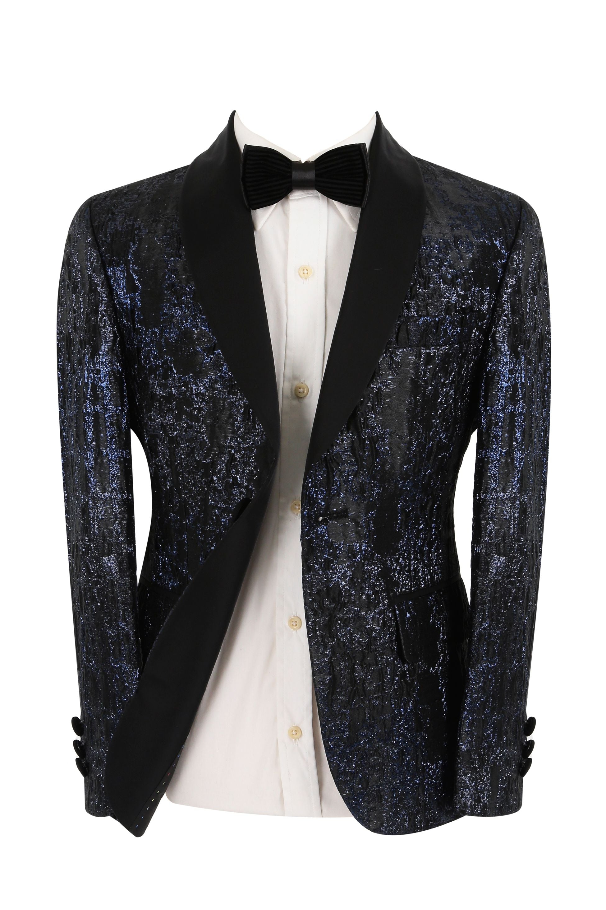 Boys Shimmery Jacquard Patterned Tuxedo Suit - Black - Navy Blue