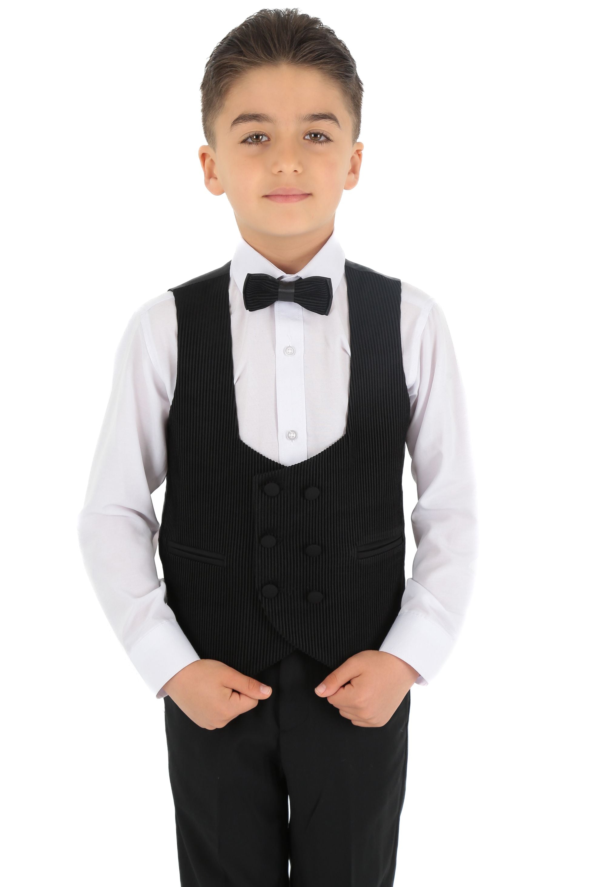 Jungen Smokinganzug - Cord Samt Weste & Shawl Revers - Schwarz