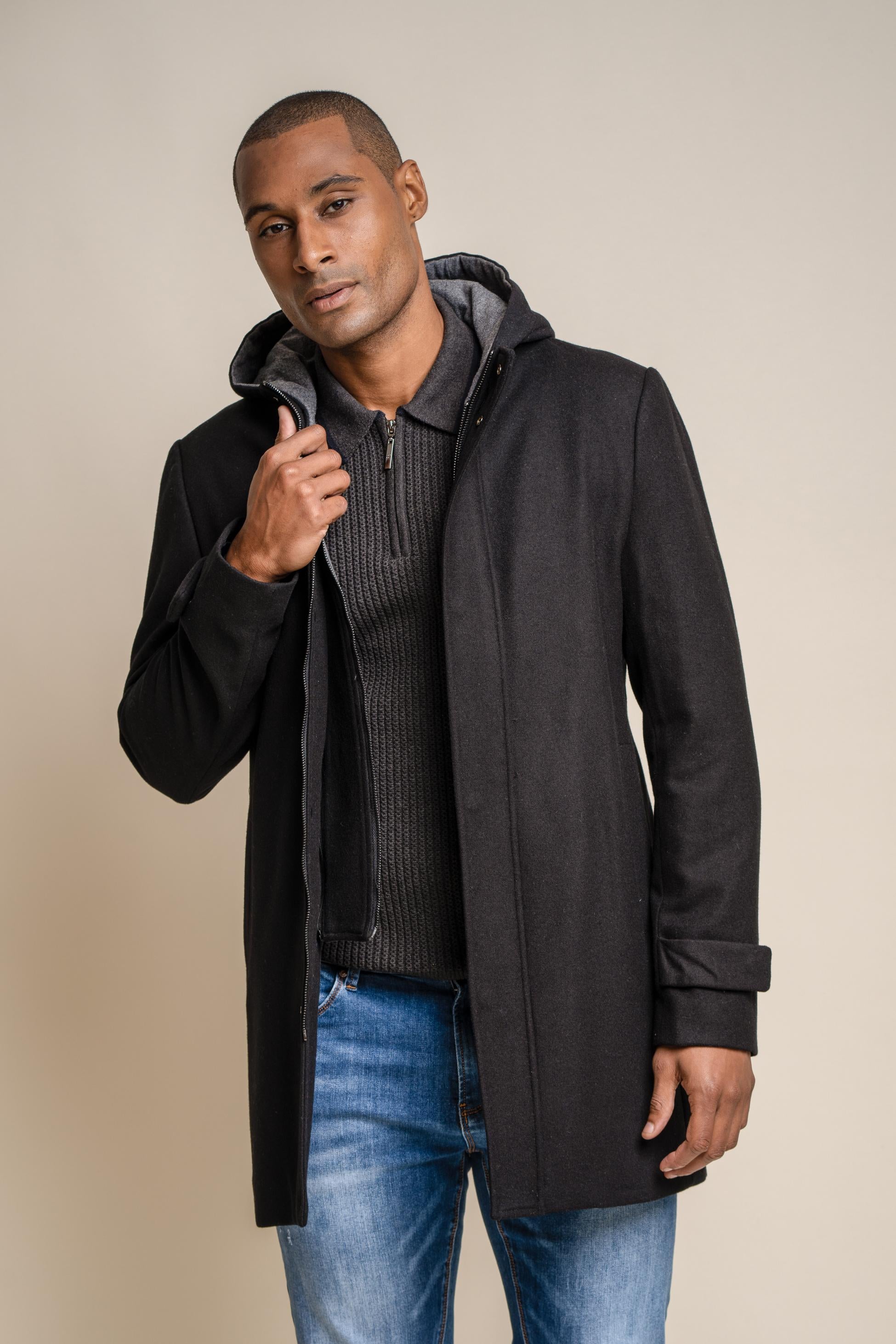 Manteau à capuche en laine mélangée pour hommes - MICHIGAN - Noir