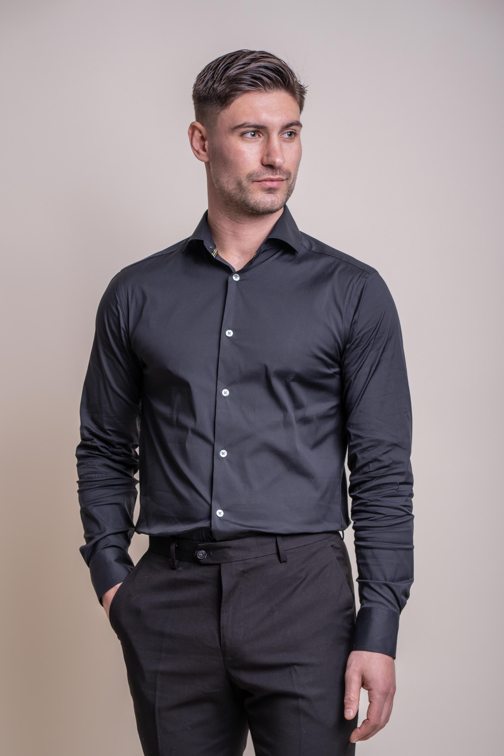 Men's Cotton Blend Slim Fit Dress Shirt - MONACO - Black