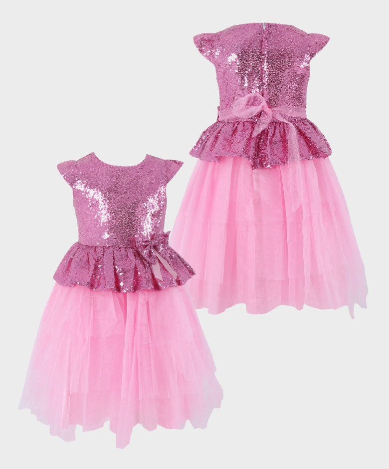 Robe Gonflable à Paillettes et Tulle pour Filles - Rose