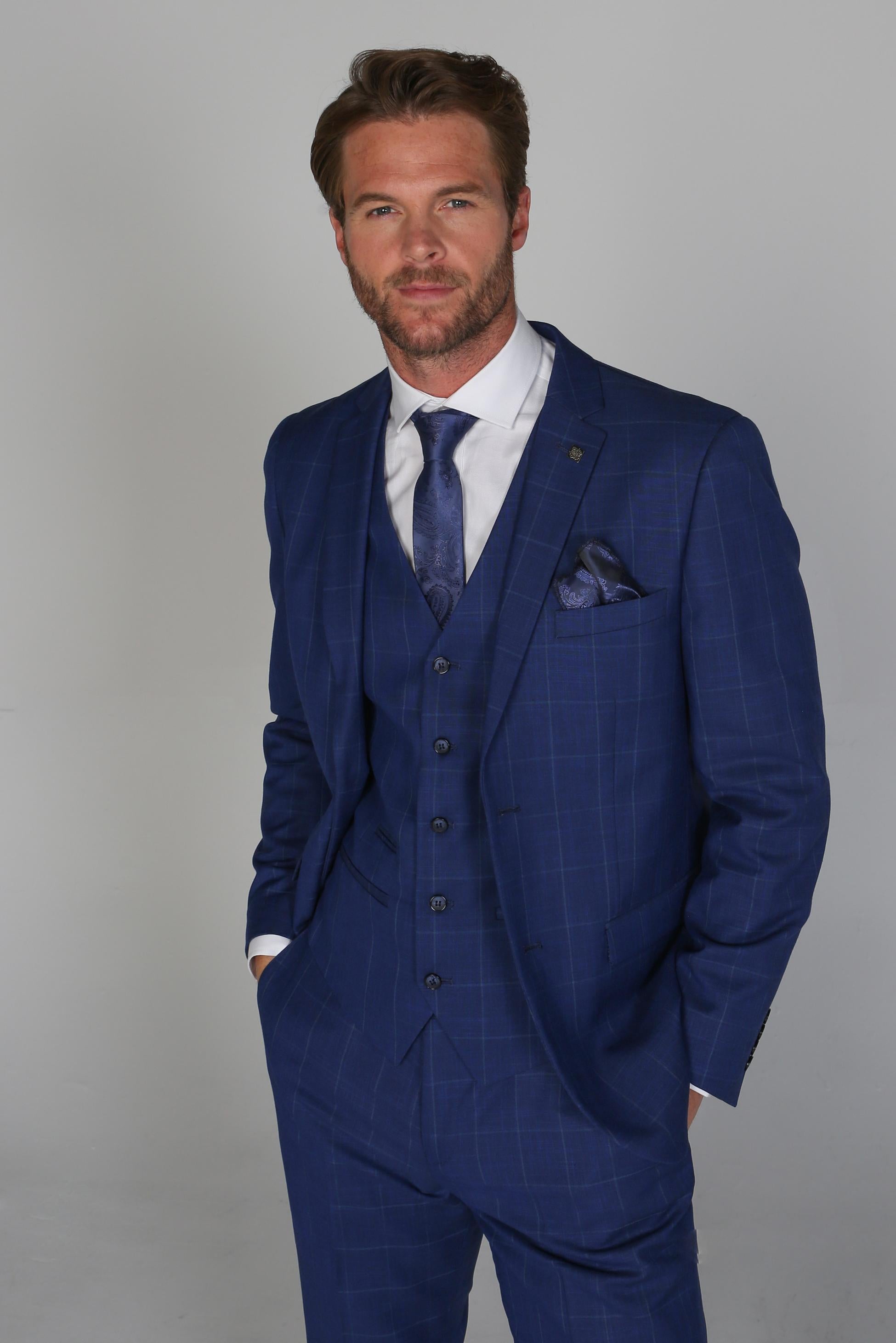 Herren Maßgeschneiderter Windowpane Karo Anzug - ROVER Blue - Blau