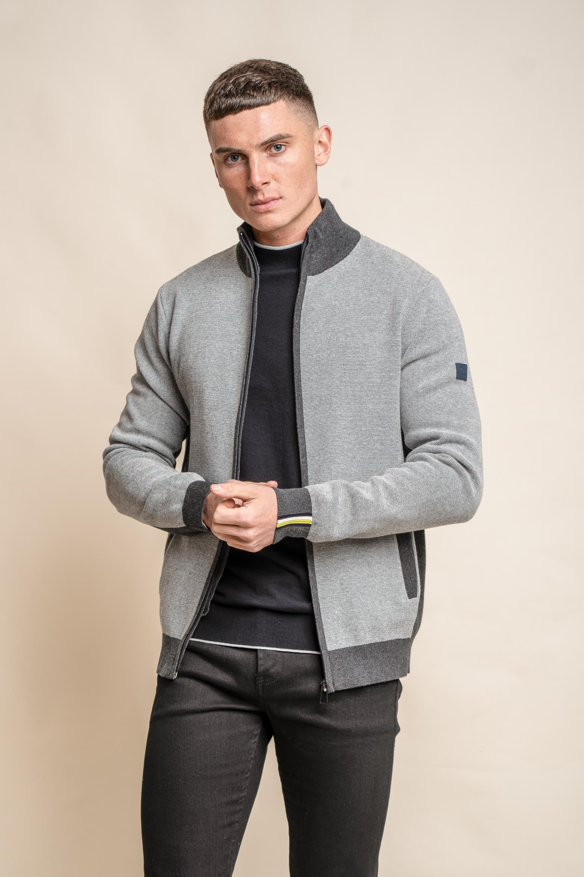 Herren Gestrickte Baumwoll Slim Fit Cardigan Jacke - ARTEGA - Hellgrau