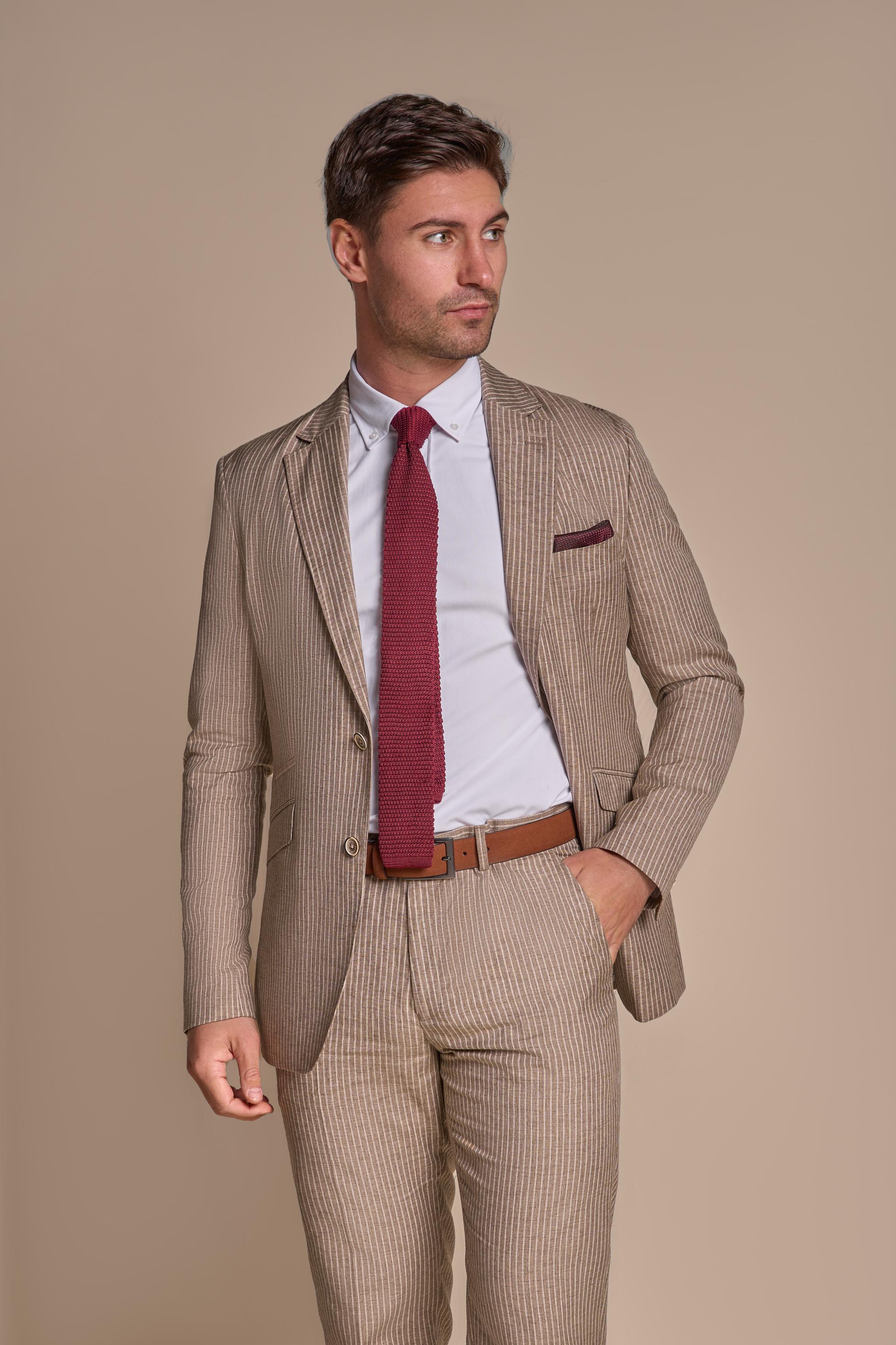 Men’s Slim Fit Pinstripe Beige Suit Jacket – KRAKEN Sand - Sand Beige