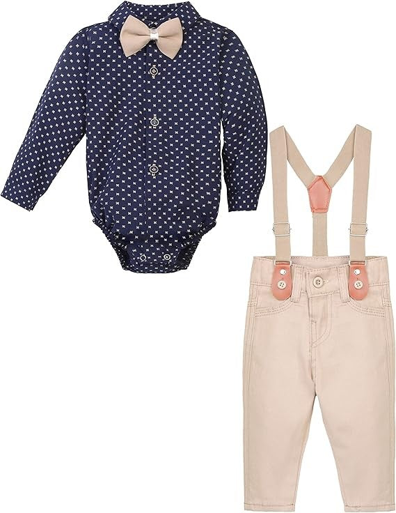 Baby & Jungen Gentleman Outfit - 4-teilige Hosensatz mit Trägern - KELEBEK - Marine - Beige