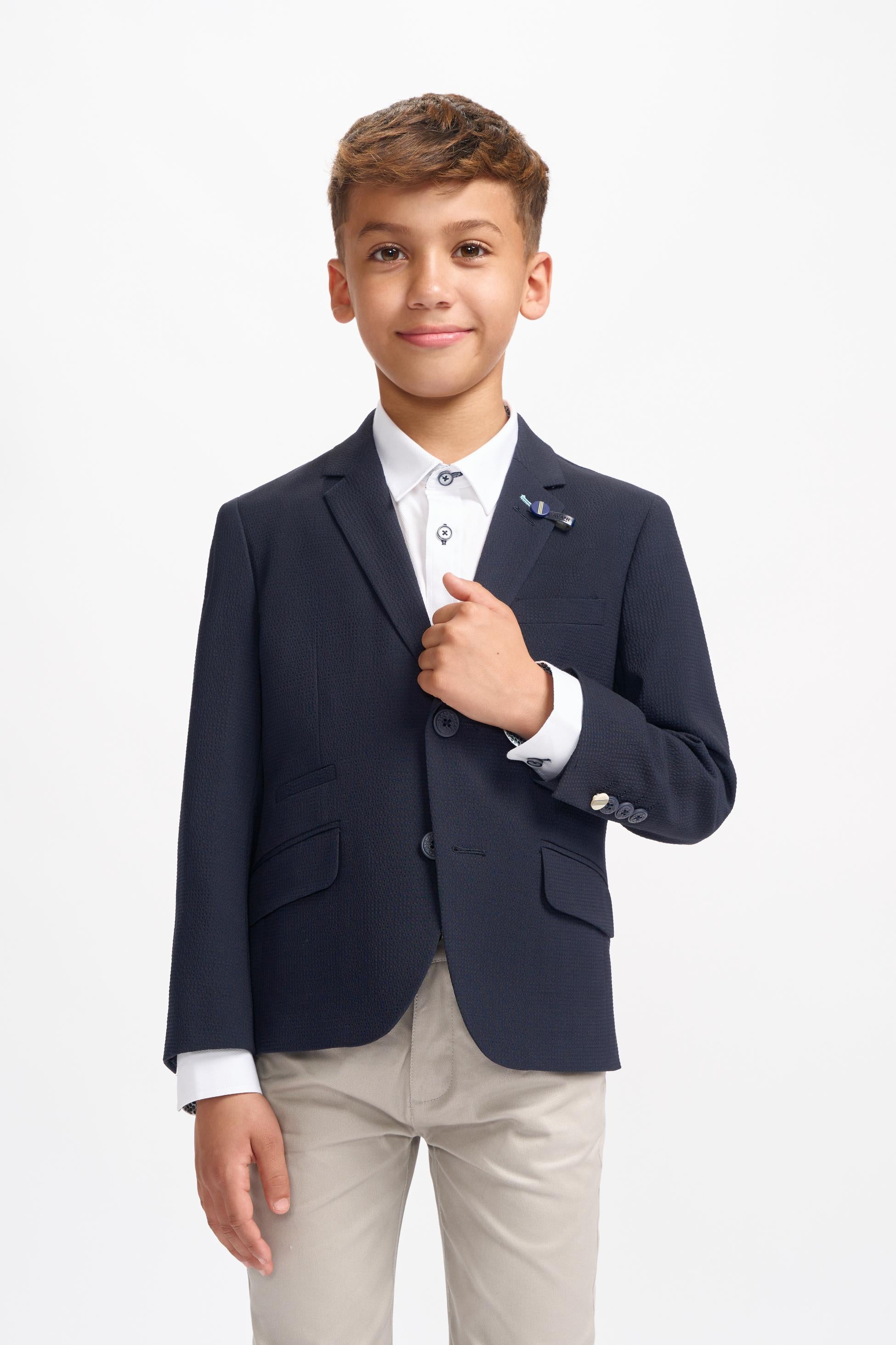 Boys Textured Slim Fit Suit Jacket SIREN - Navy Blue