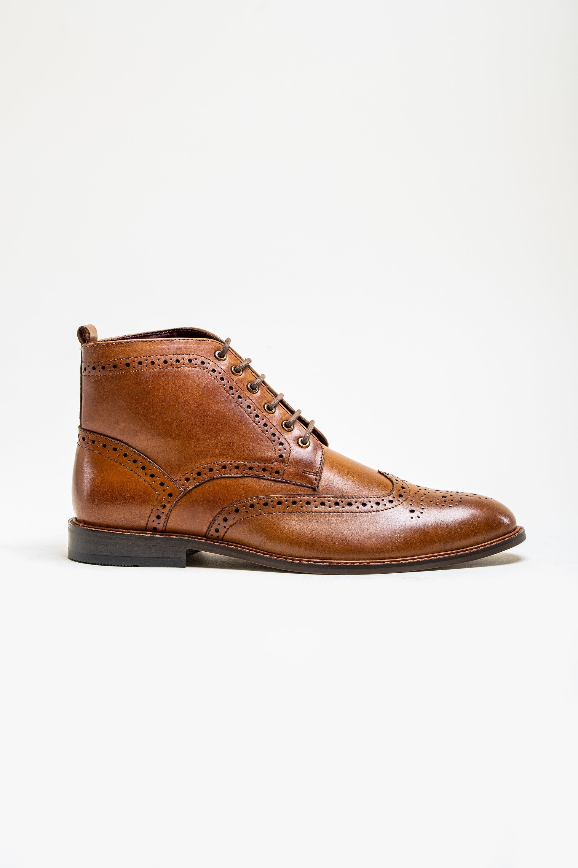 Men's Leather Lace up Brogue Boots - HOLMES - Tan Brown