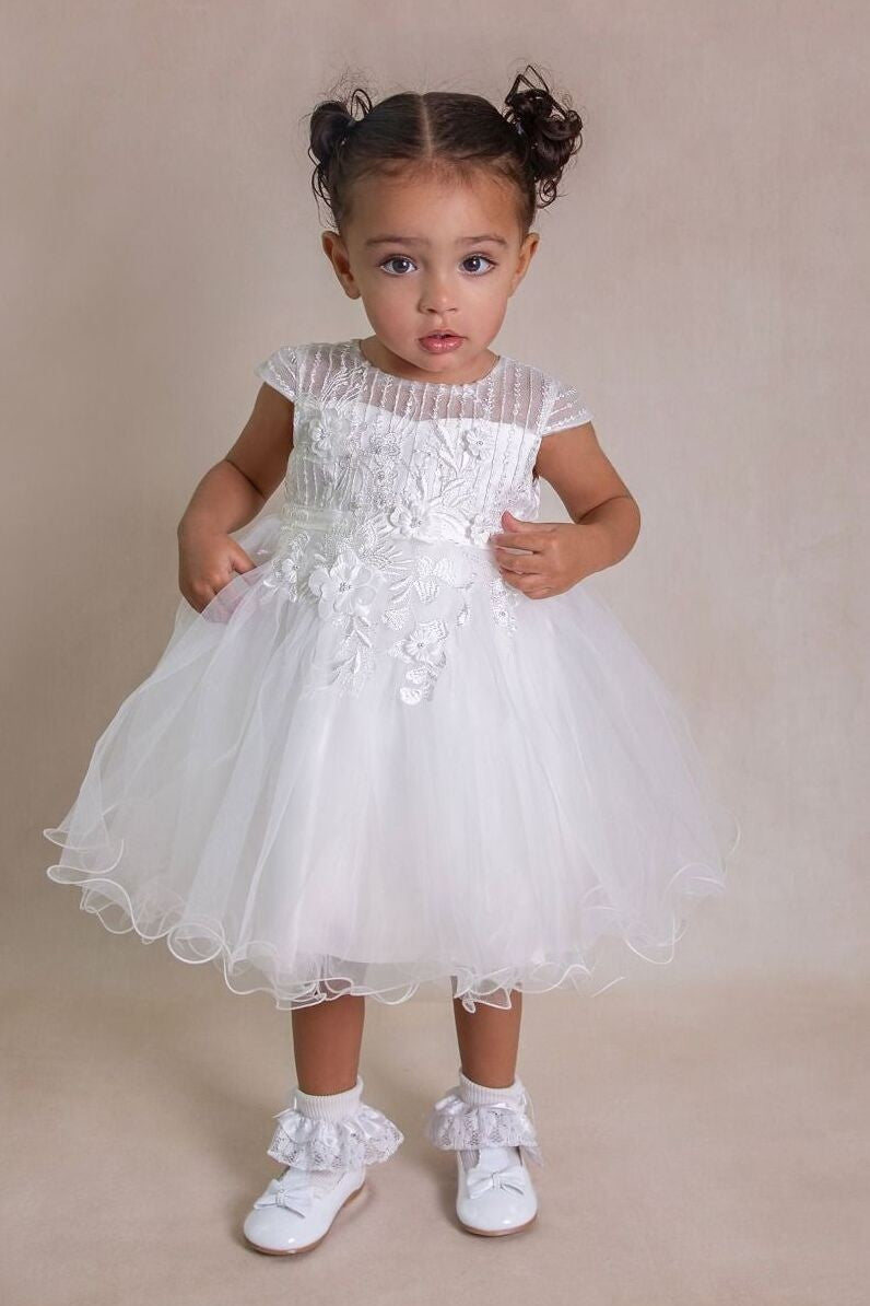 Baby & Girls Ivory Lace & Ruffled Tulle Dress - VERONICA - Ivory