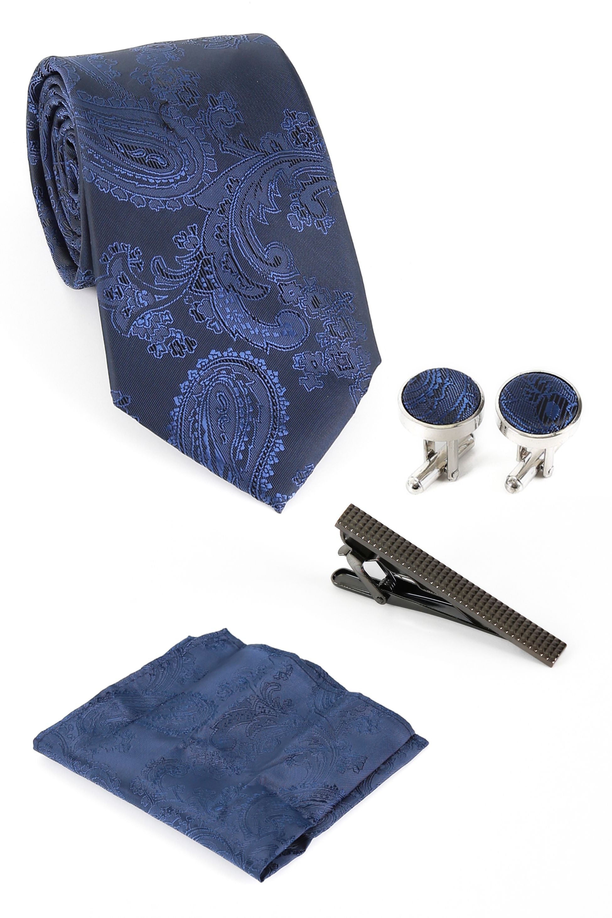 Ensemble cravate et boutons de manchette paisley pour hommes - Bleu foncé