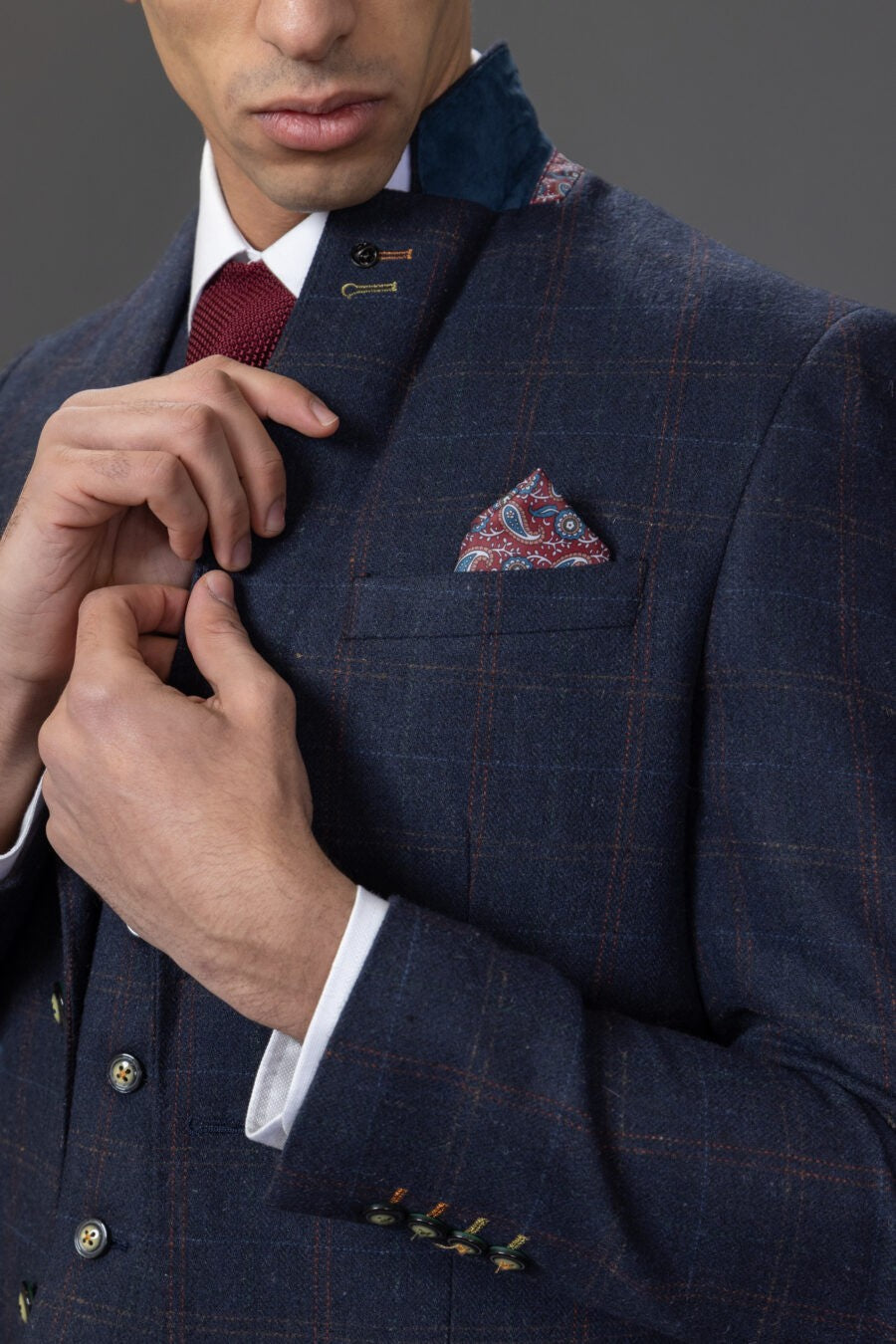 Costume en Tweed à Motif Windowpane Bleu Marine Tailleur pour Homme - RYAN - Bleu Marine