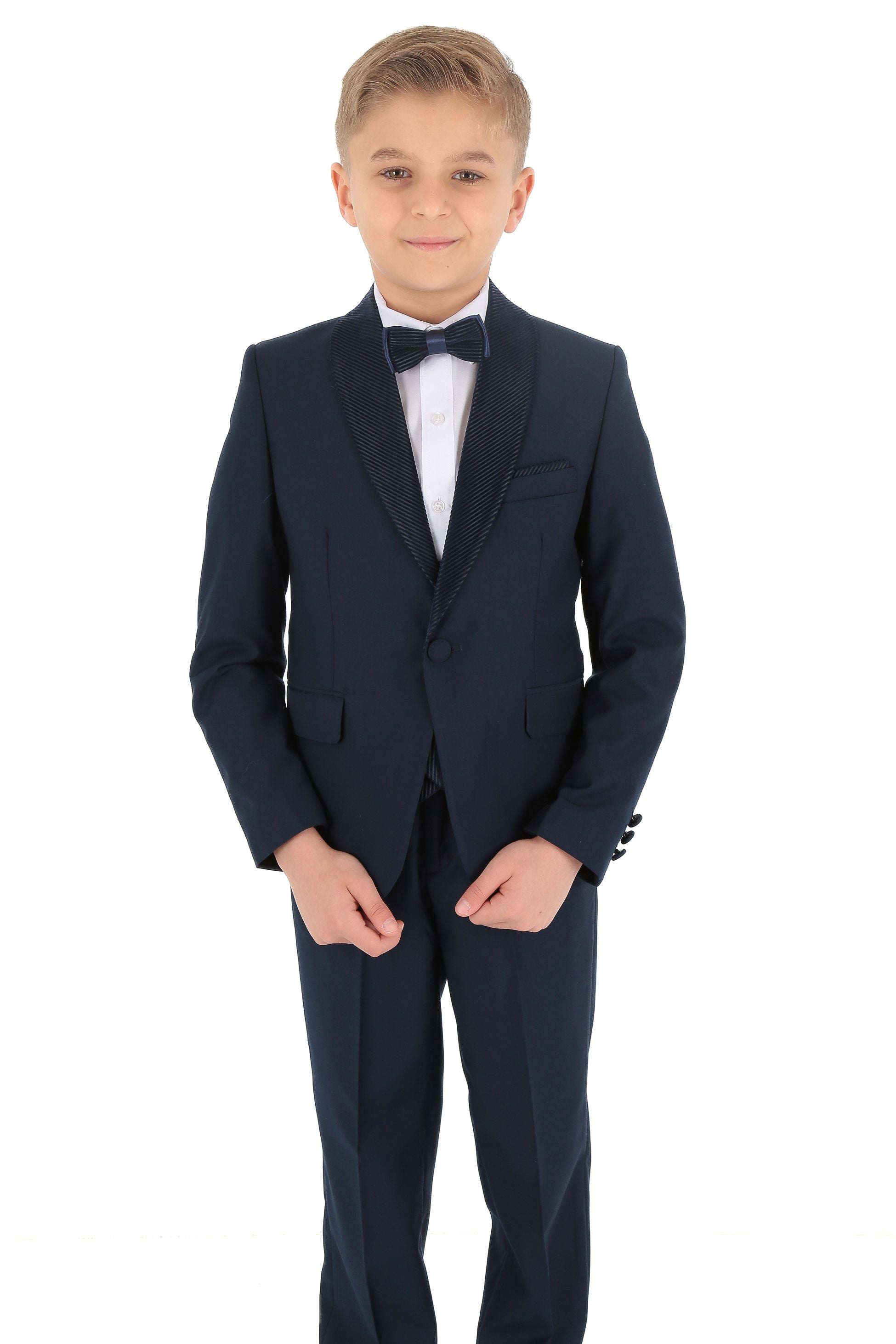 Costume Tuxedo avec Gilet en Velours Côtelé et Revers Shawl pour Garçons - Bleu Marine